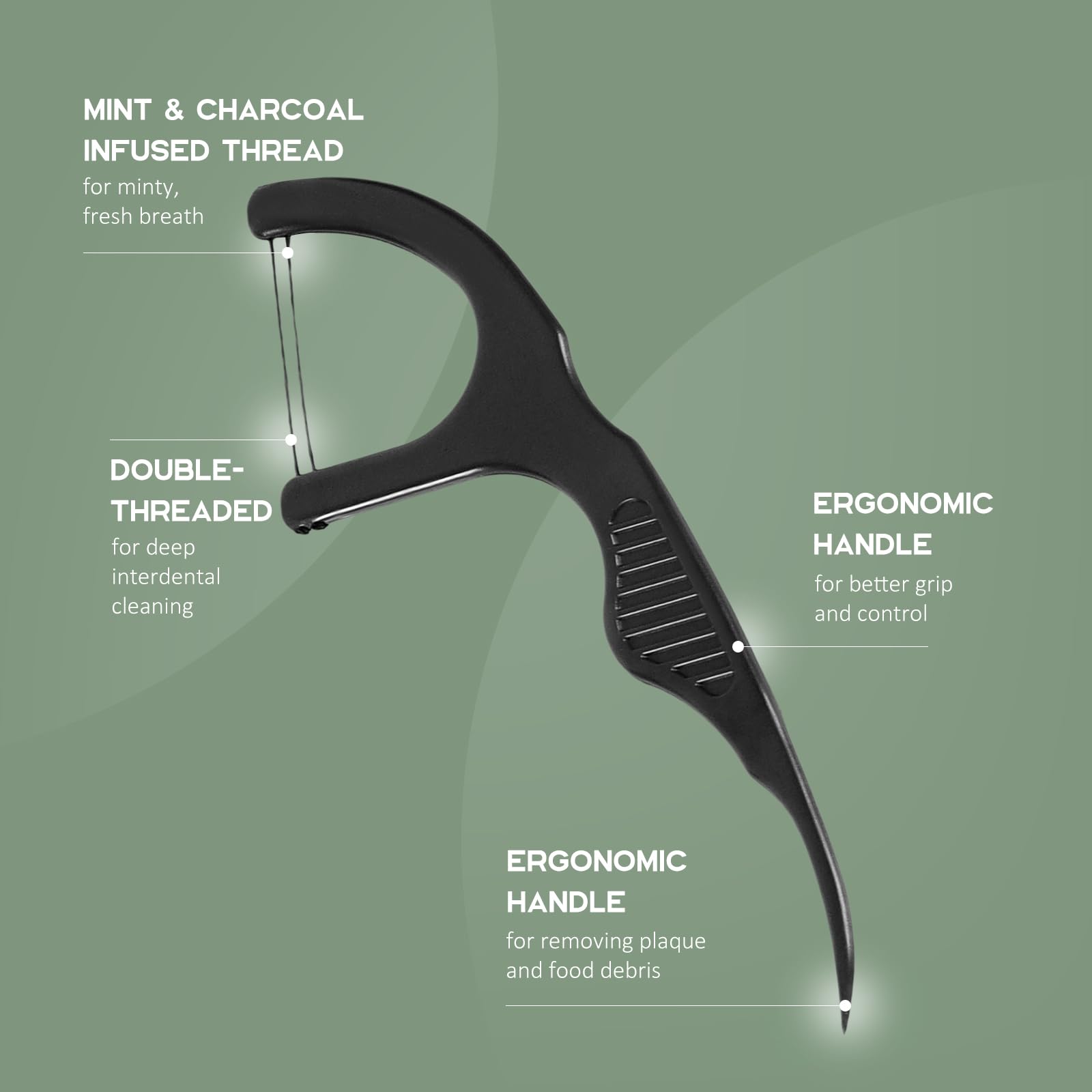 Charcoal twin floss strands of plant-based dental floss pick