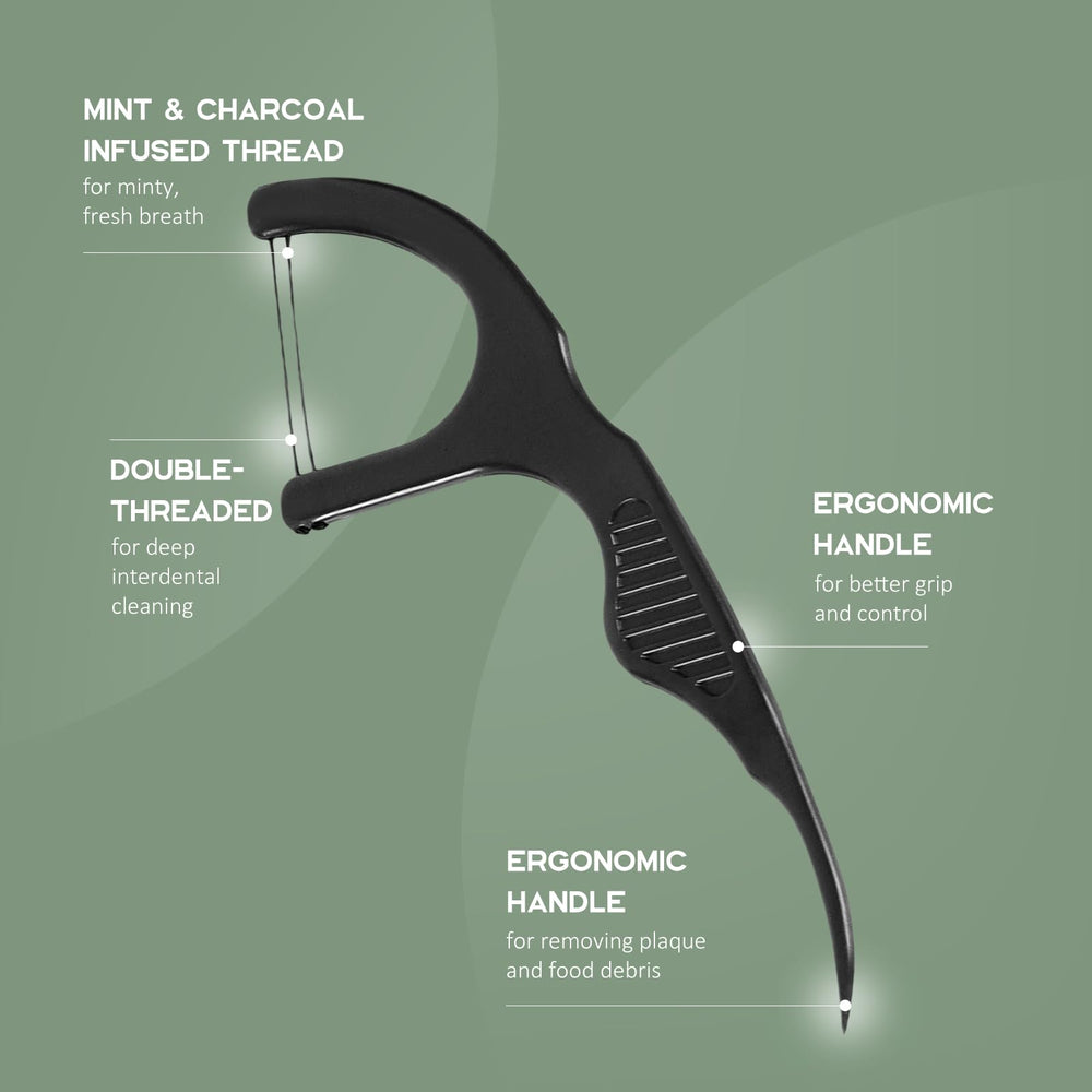 Charcoal twin floss strands of plant-based dental floss pick