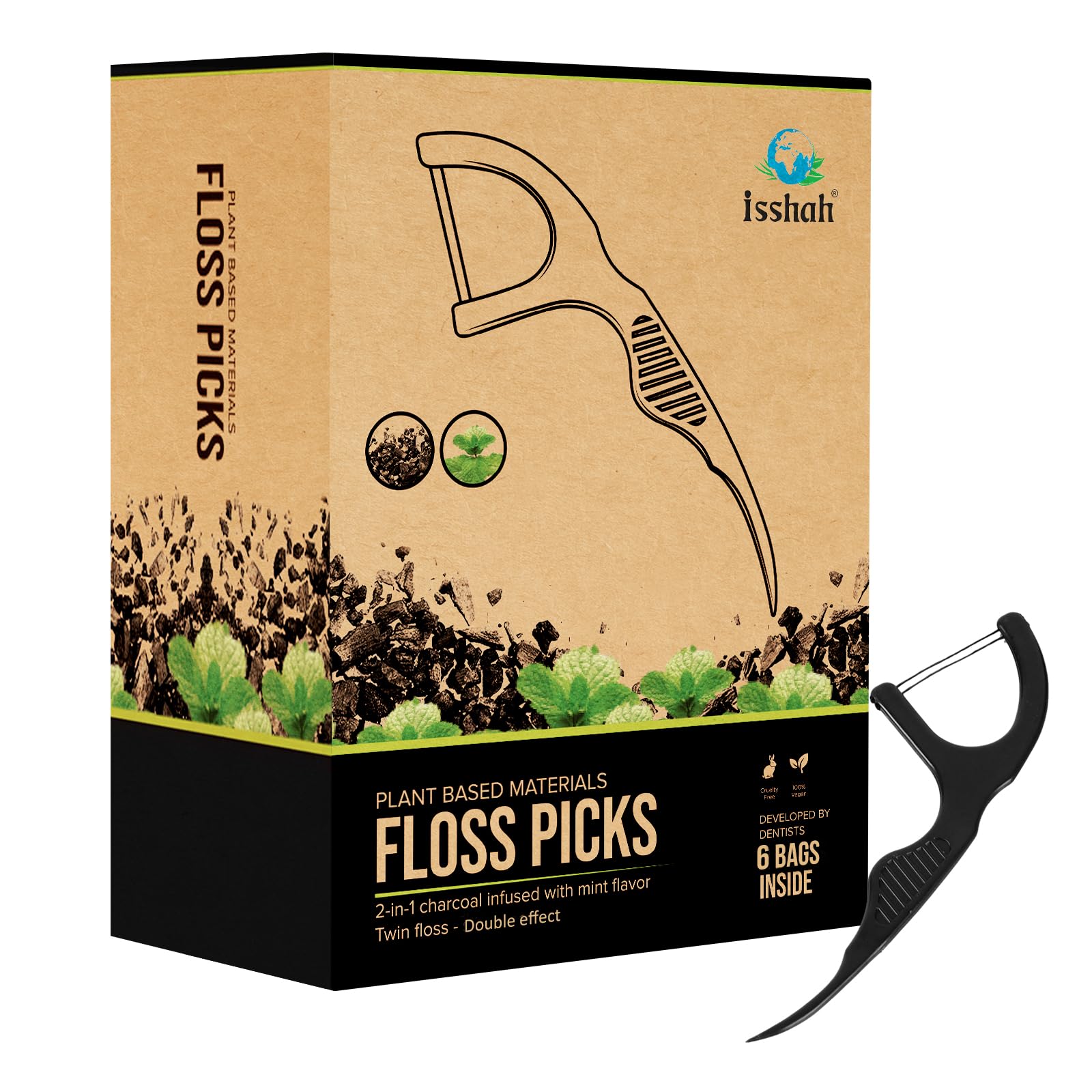 Charcoal-infused twin floss dental picks on white background
