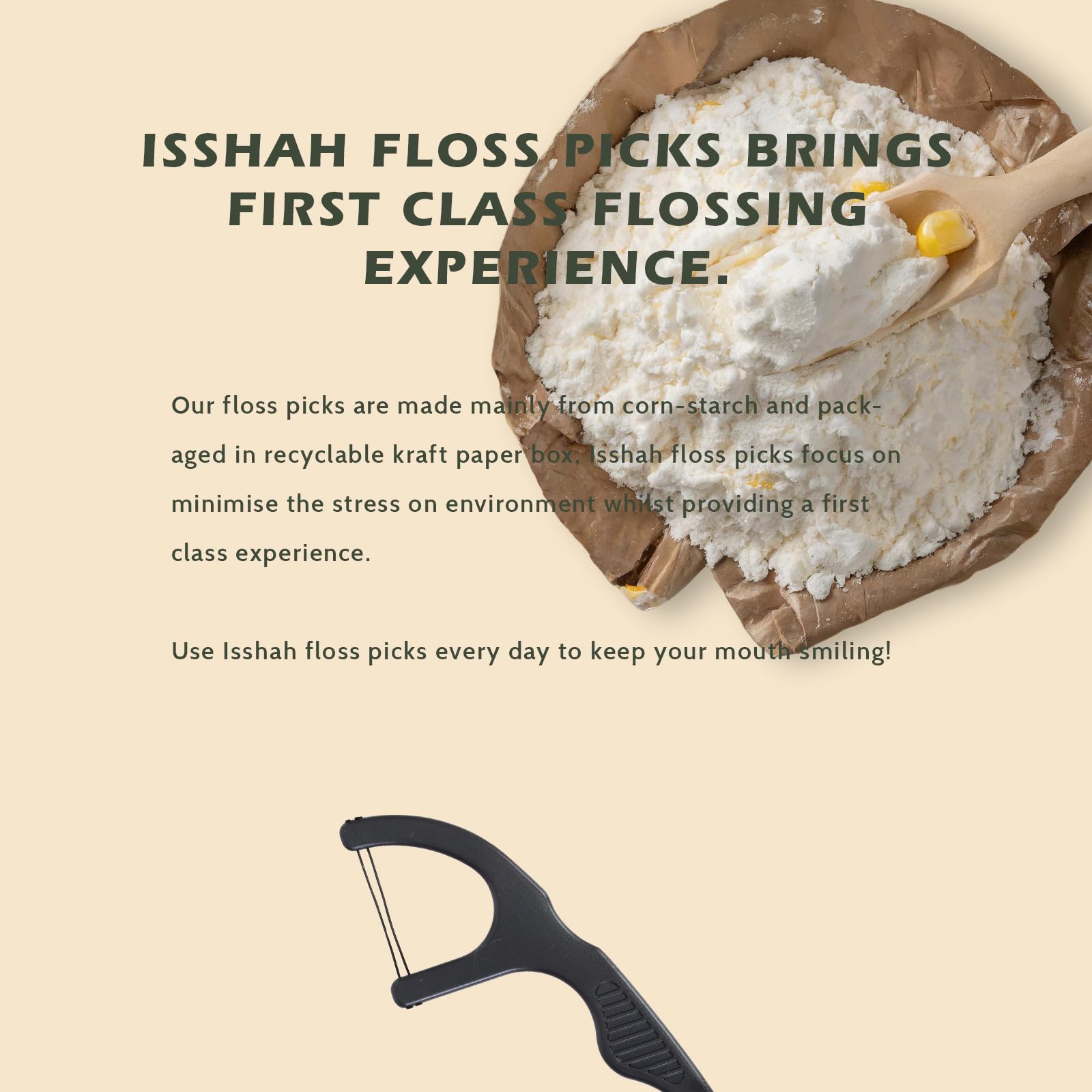Dental floss pick tip with charcoal strands close-up