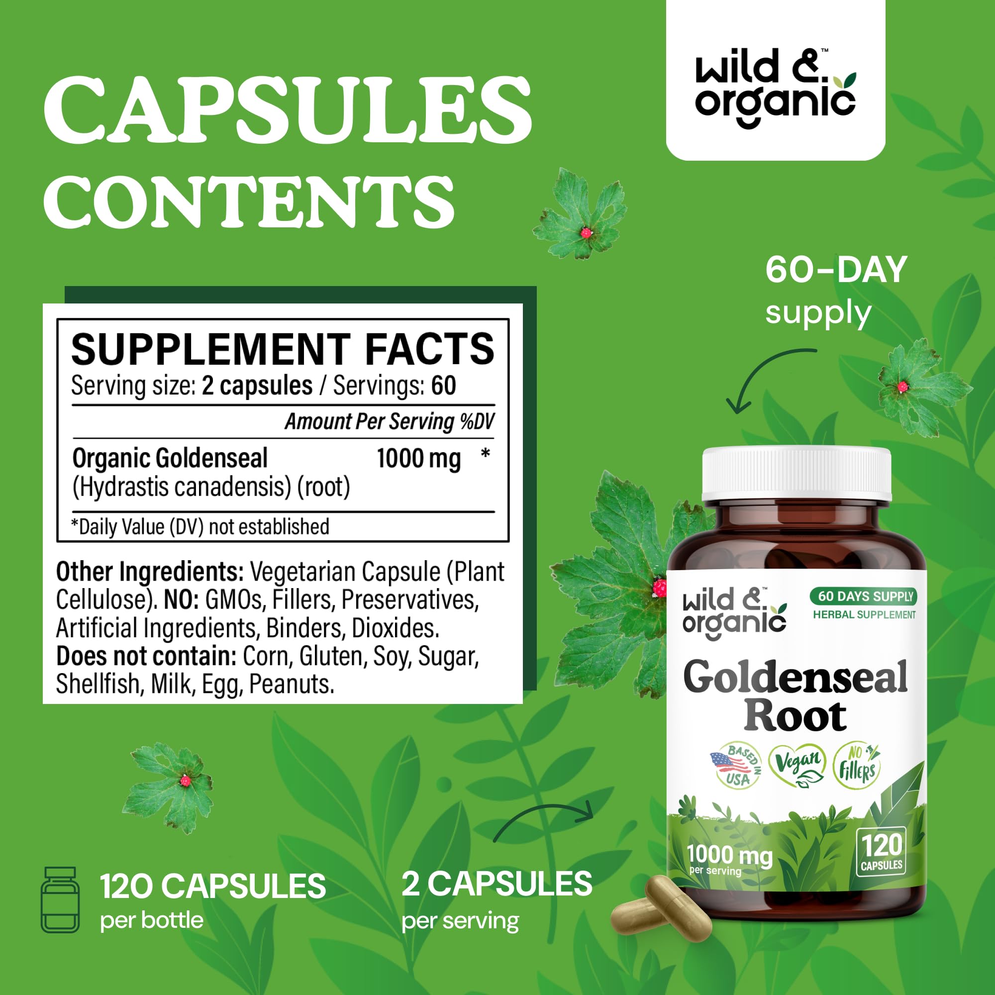 Plant-based goldenseal capsules with vegetable cellulose coating