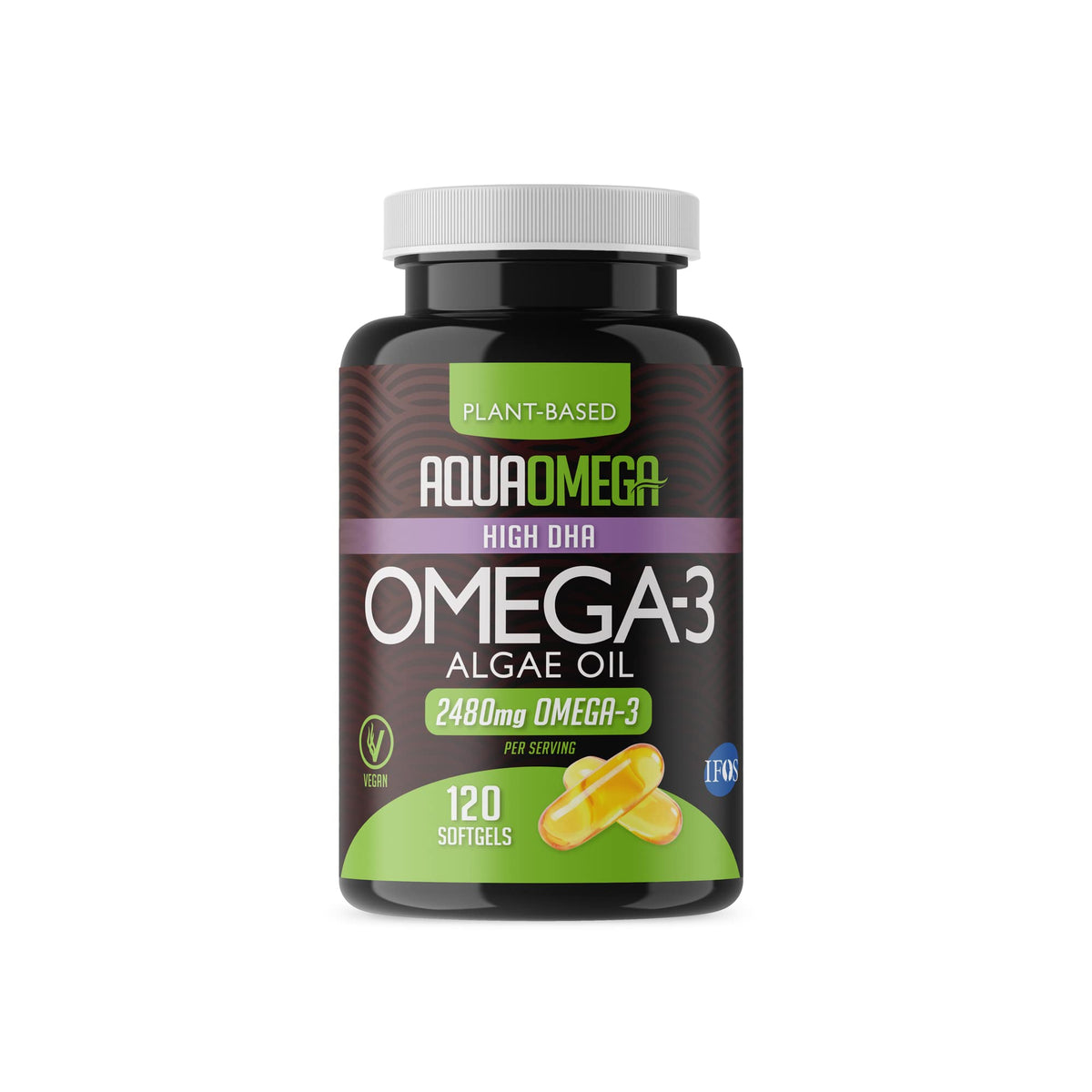 Bottle of algae-sourced Omega-3 EPA and DHA softgels, 120 count