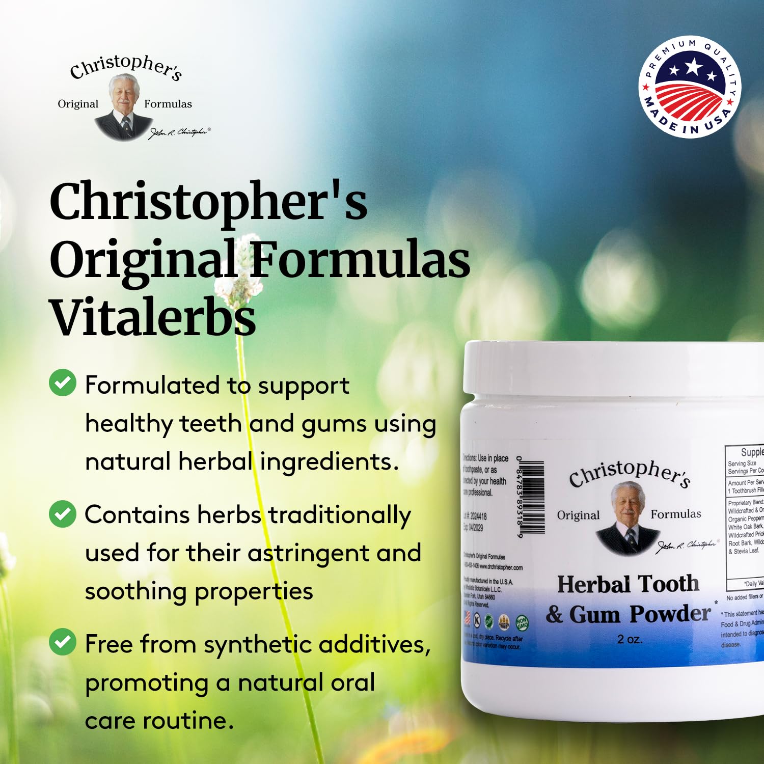 Close-up of plant-based ingredients in herbal oral care powder