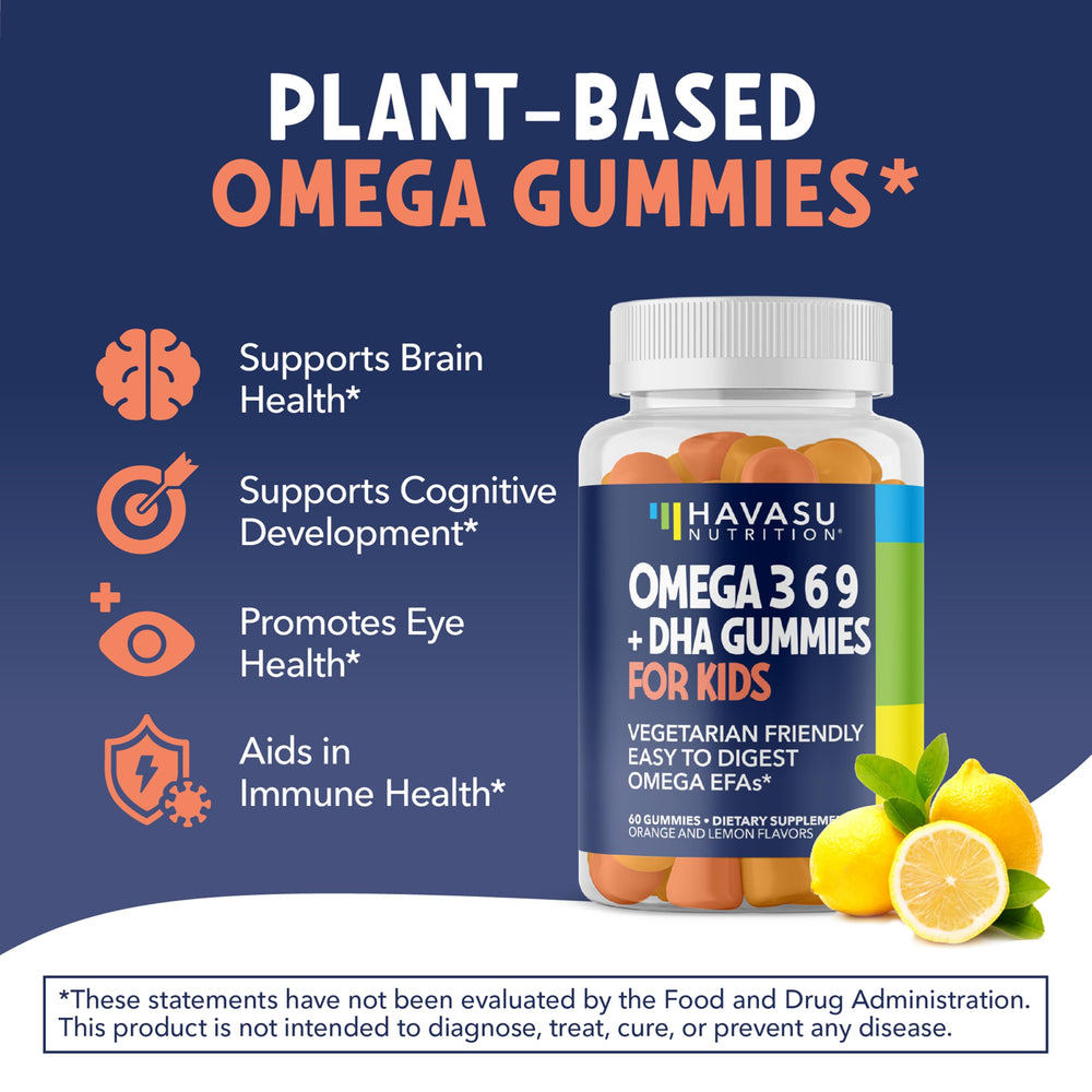 Illustration of plant-based omega sources used in kids gummies