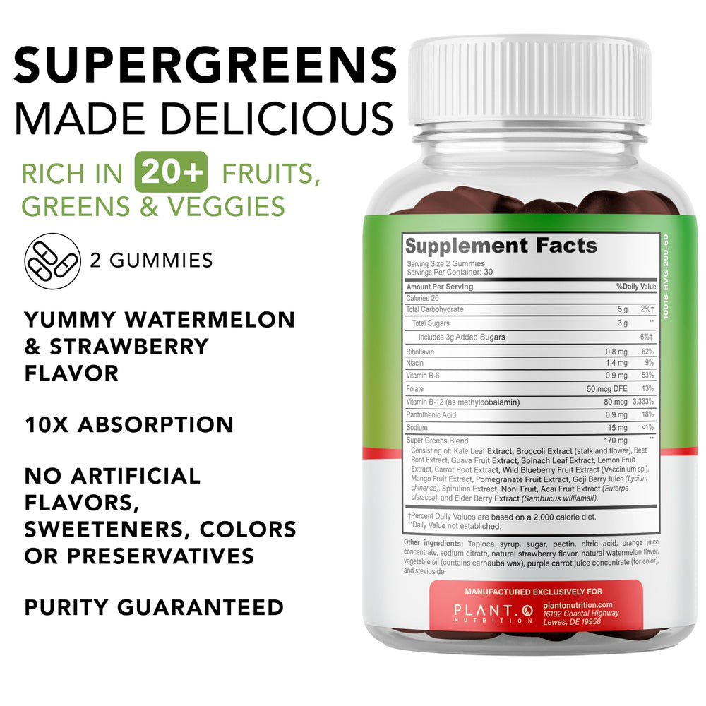 PLANT.O NUTRITION SuperGreens Gummies packaging with 60 gummies