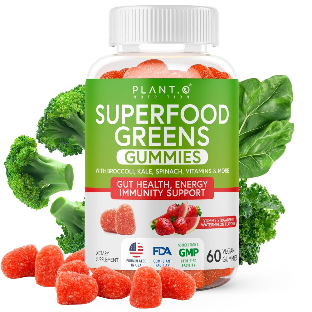 Product hero image of PLANT.O NUTRITION SuperGreens Gummies in Watermelon and Strawberry flavor
