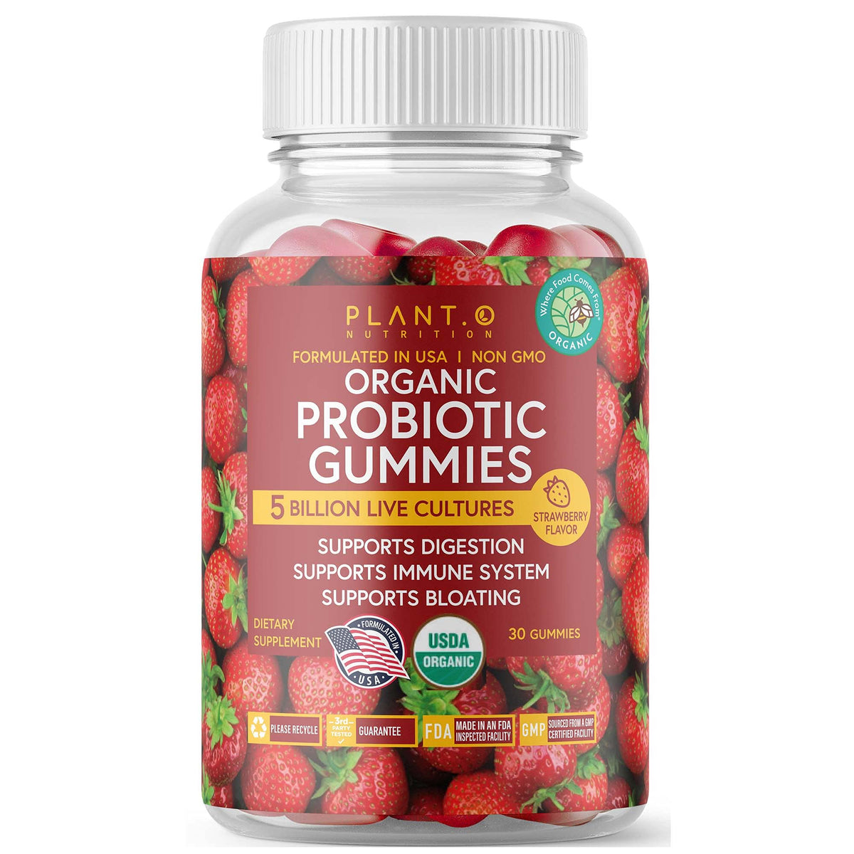 Plant.O Organic Probiotic Gummies bottle with strawberry flavor