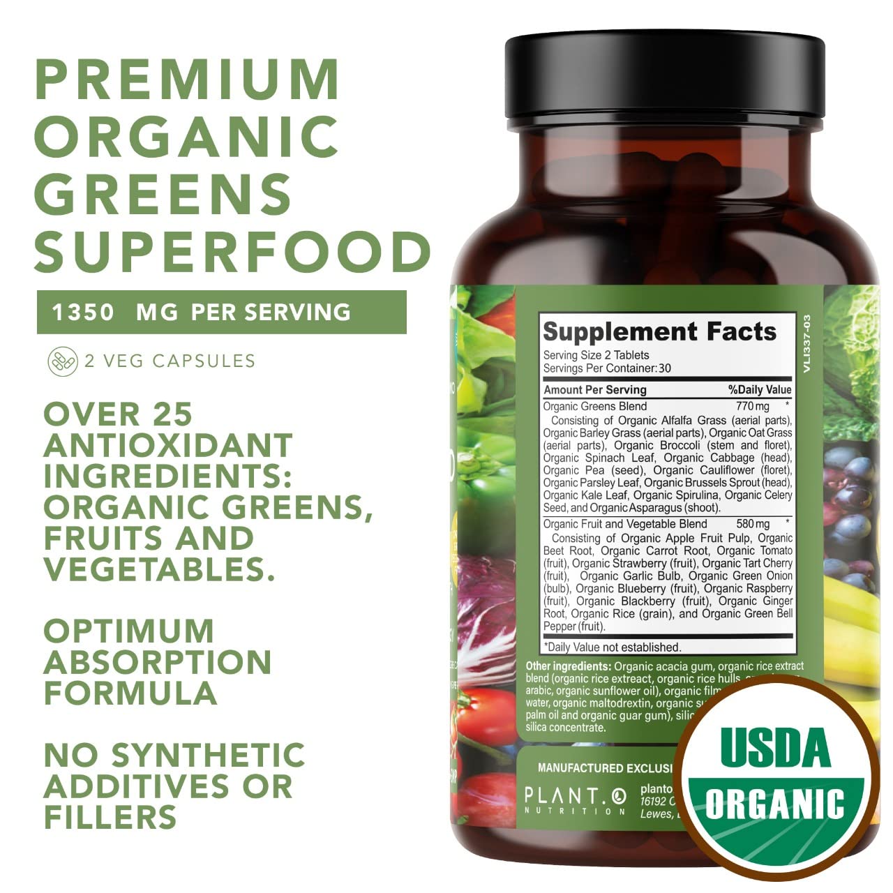 Close-up of greens and reds ingredients in the supplement