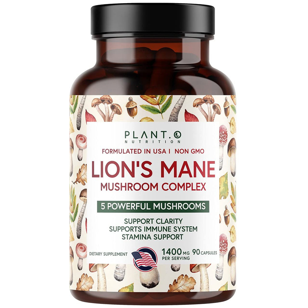 Plant.O Premium Lion's Mane 5-Mushroom Complex bottle and capsules