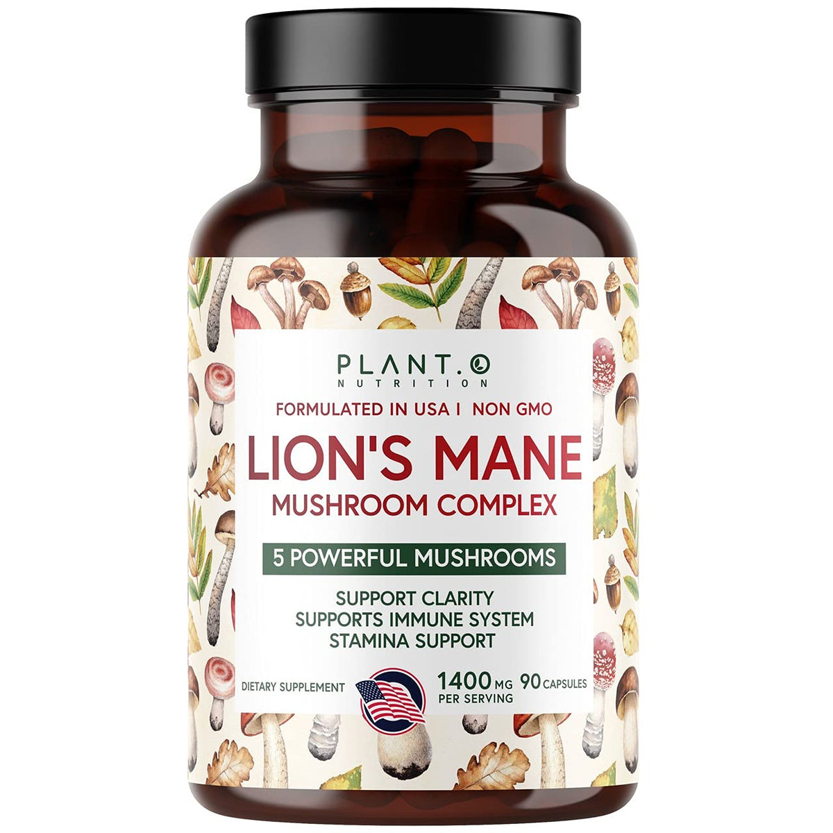 Plant.O Premium Lion's Mane 5-Mushroom Complex bottle and capsules
