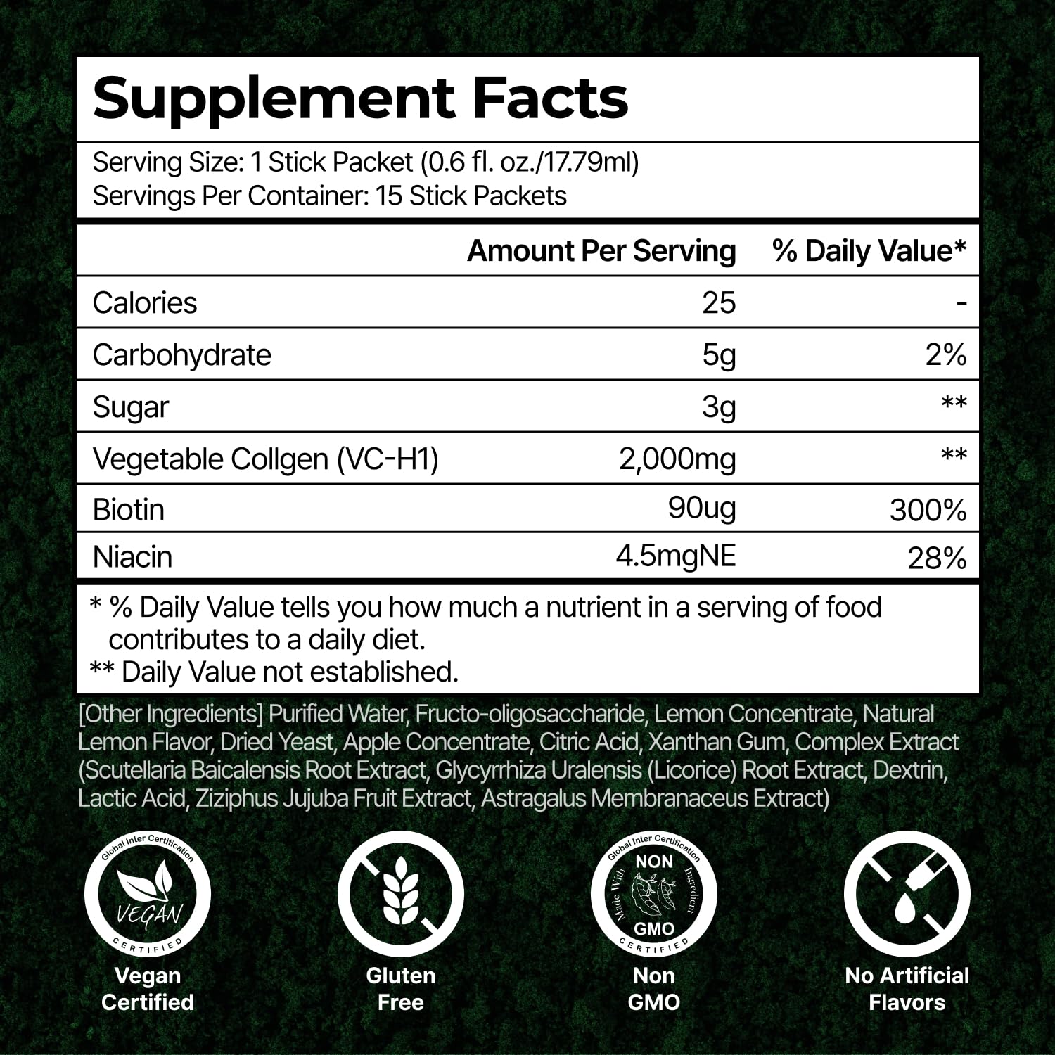 Vegan, Halal, Kosher and Non-GMO certification seals on product