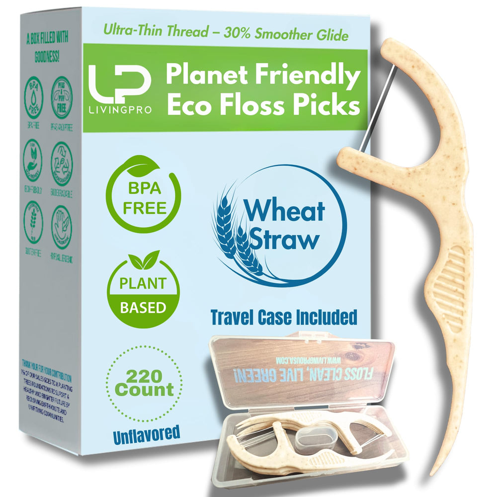 Front view of plant-based floss picks with travel case