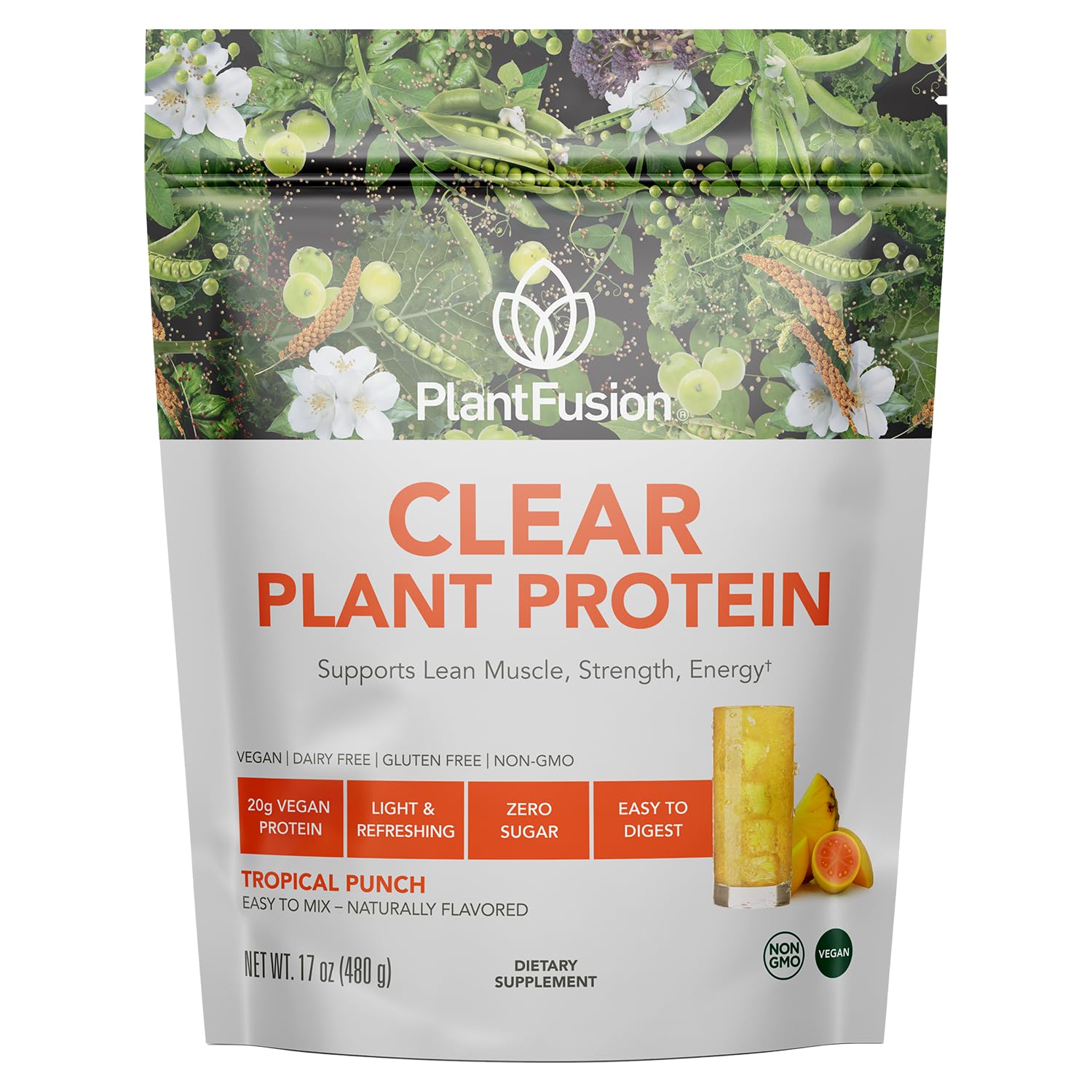 PlantFusion Clear Protein Tropical Punch pour shows refreshing, sugar-free protein drink.