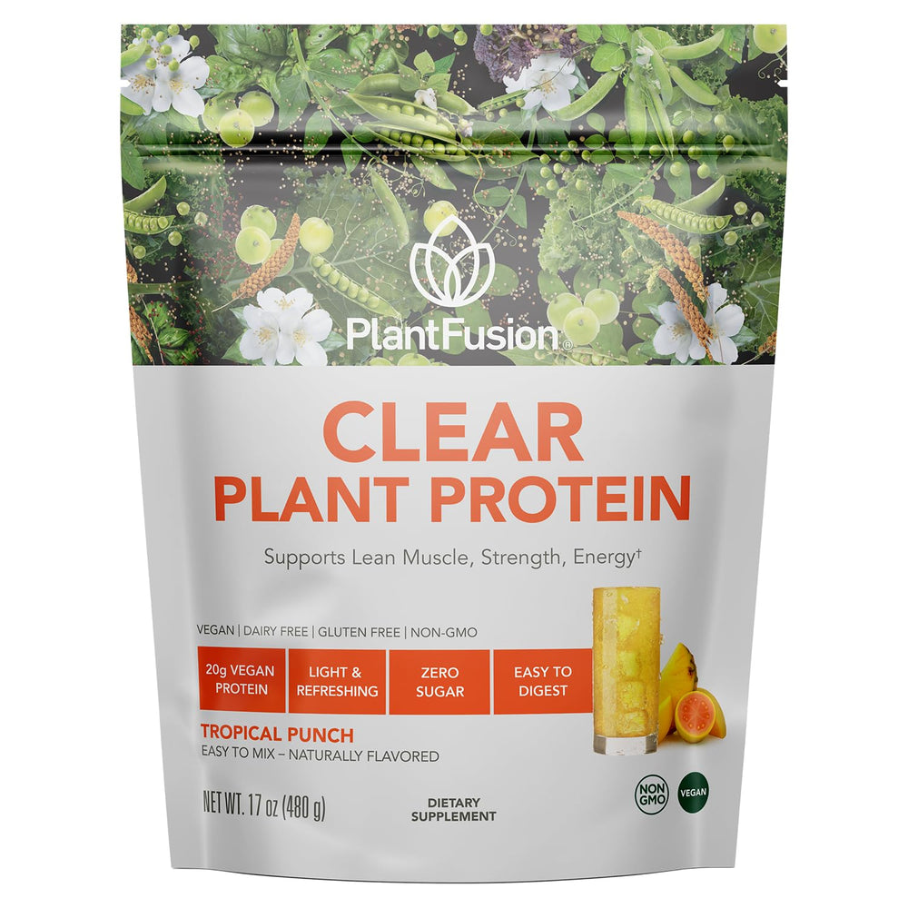 PlantFusion Clear Protein Tropical Punch pour shows refreshing, sugar-free protein drink.
