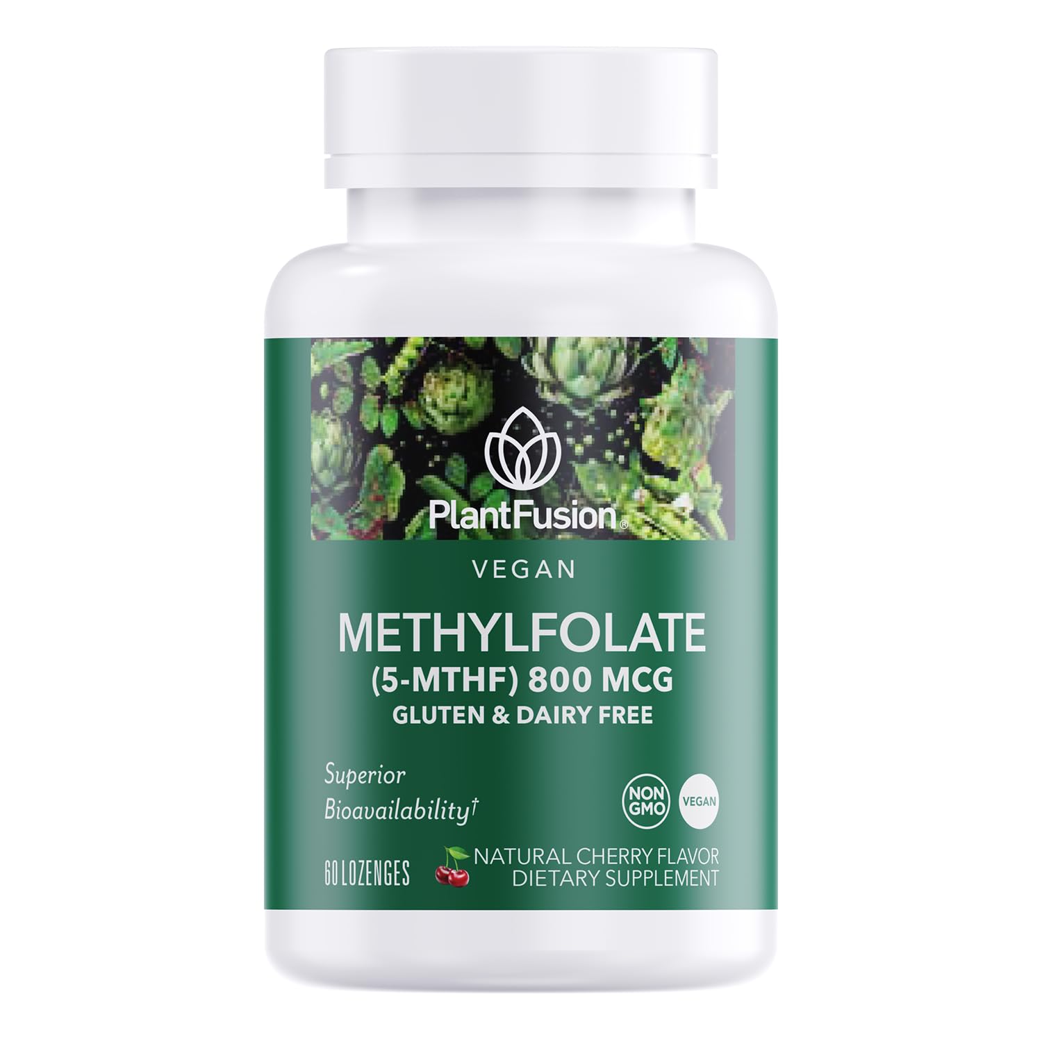 Front view of PlantFusion Methylfolate 5-MTHF 60 lozenges bottle