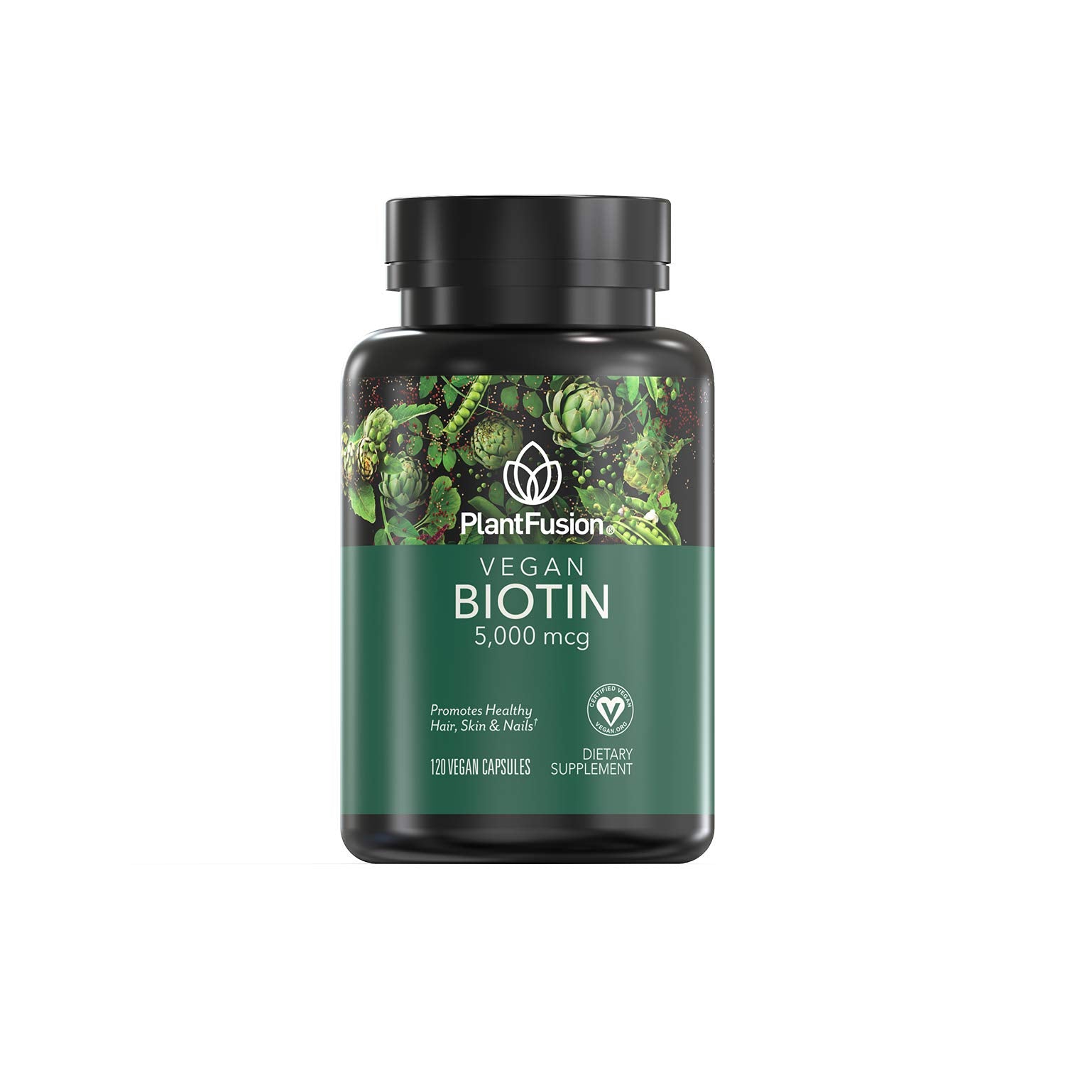 PlantFusion vegan biotin bottle with 120 capsules and 5000mcg label