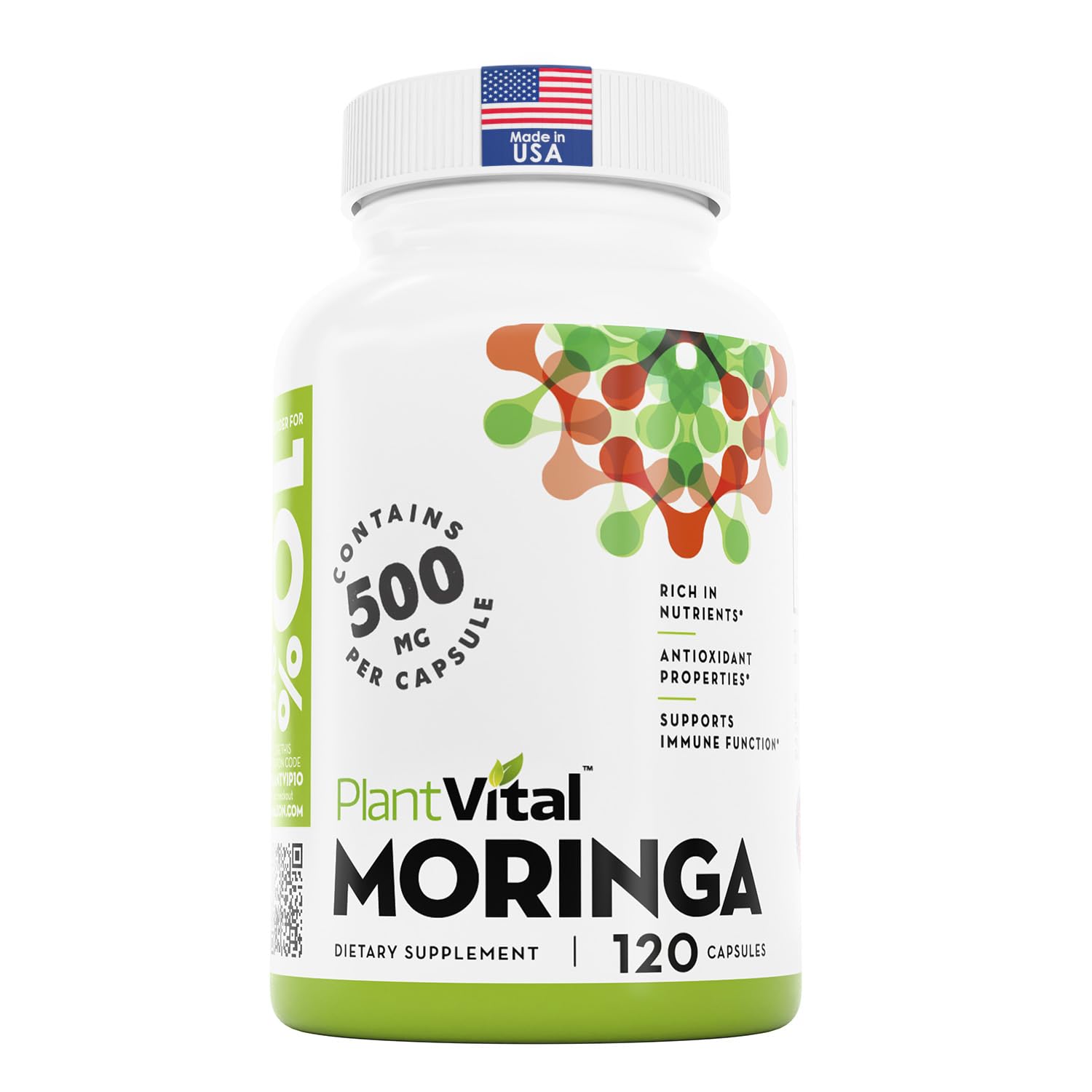 Bottle of PlantVital Organic Moringa Leaf Capsules 500mg for eye health and antioxidants