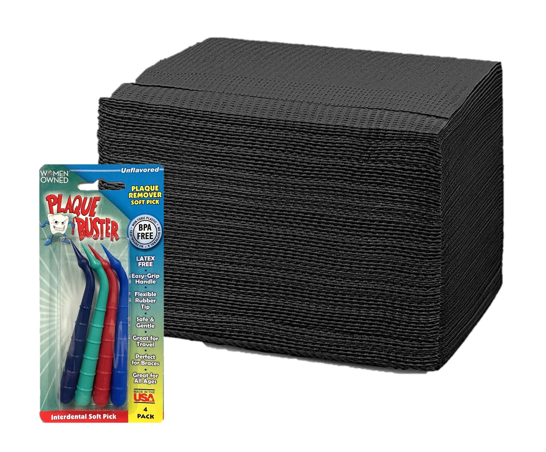 Hero image: Plaque Buster Dealmed dental bibs bundle with 125 black bibs