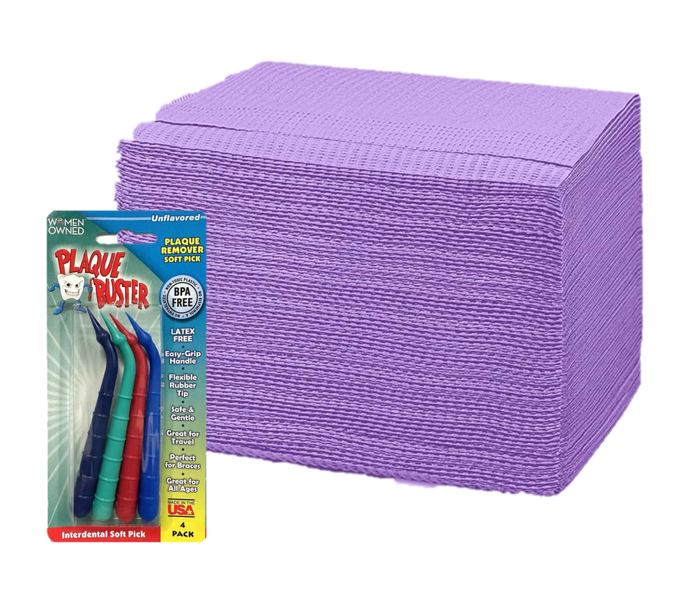 Purple 125-pack Dealmed Plaque Buster dental bibs