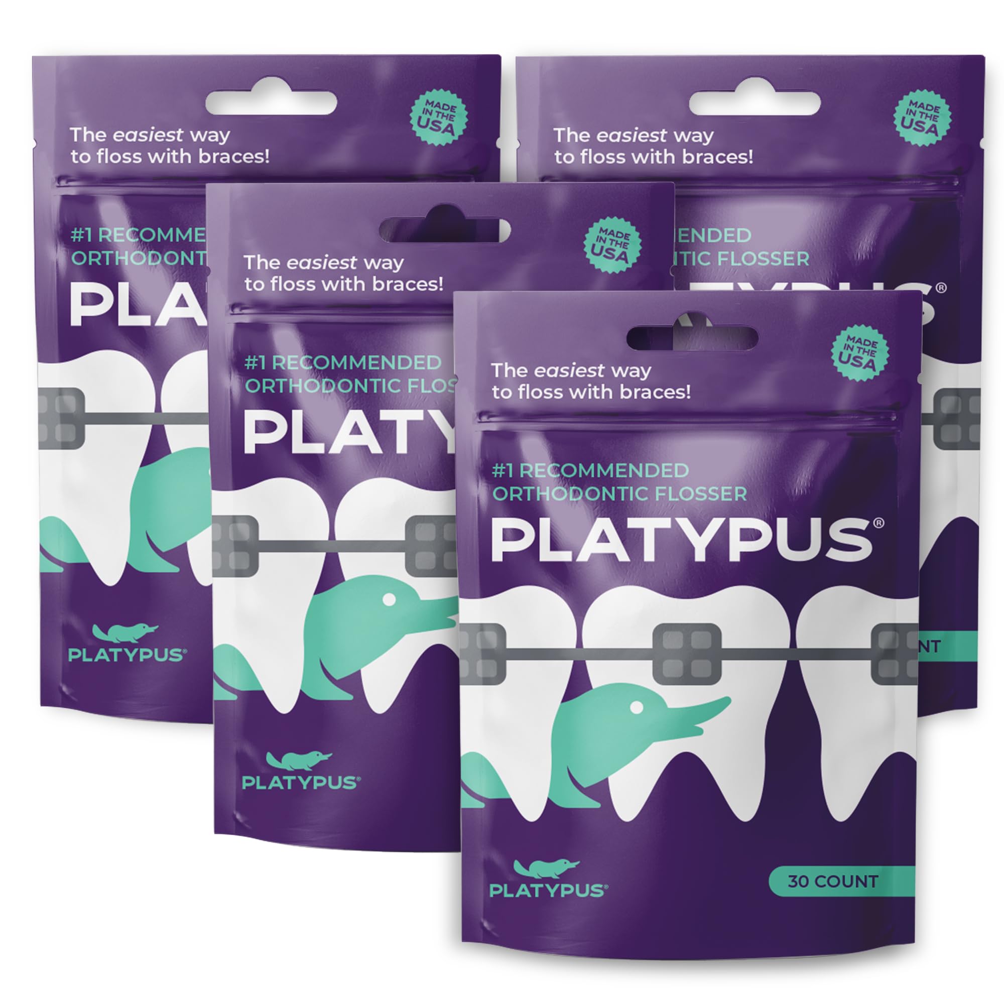 Platypus orthodontic flossers under arch wire between braces