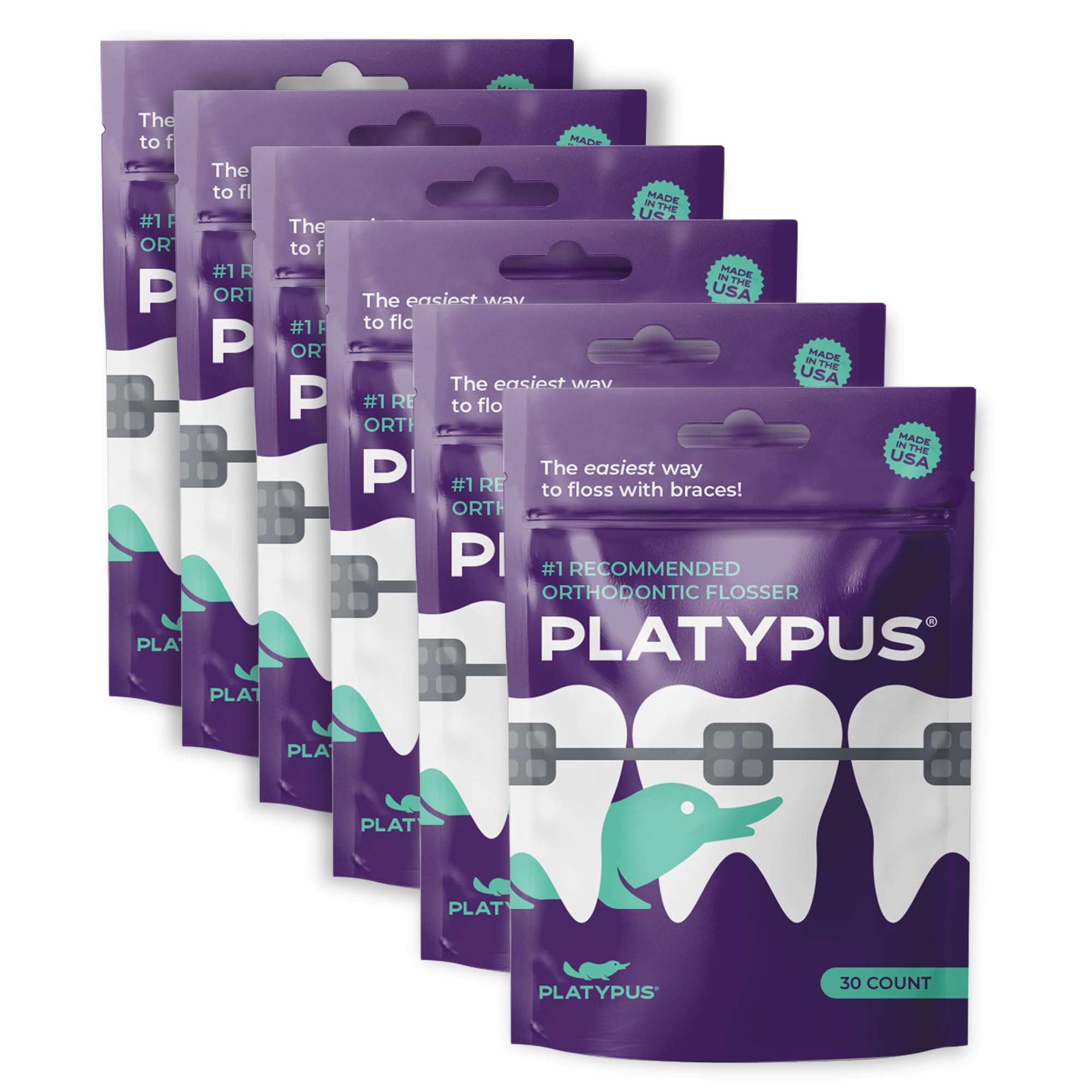 Main image showing Platypus Orthodontic Flossers fitting under arch wire for braces