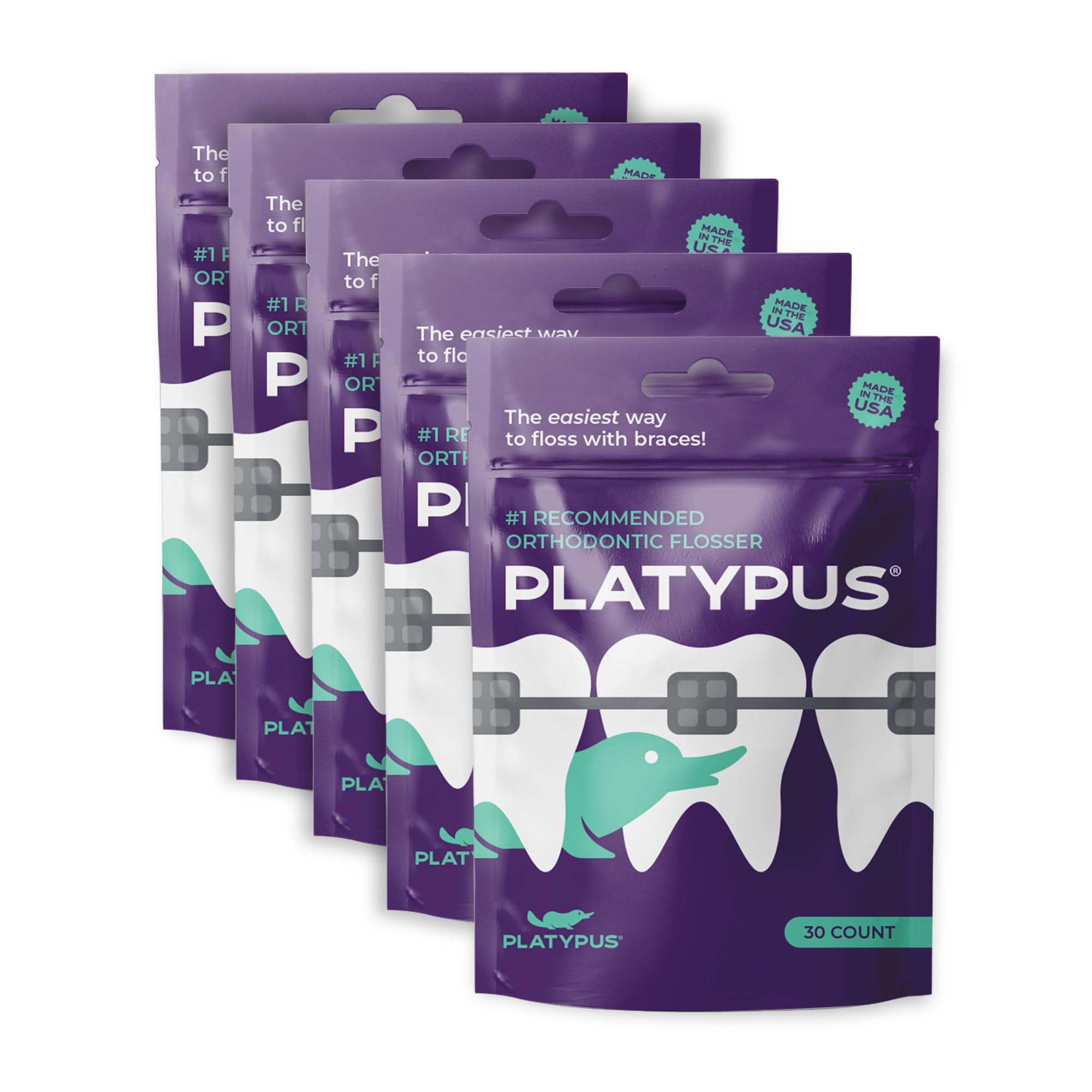 Platypus orthodontic flossers for braces under arch wire, pack of five, close up