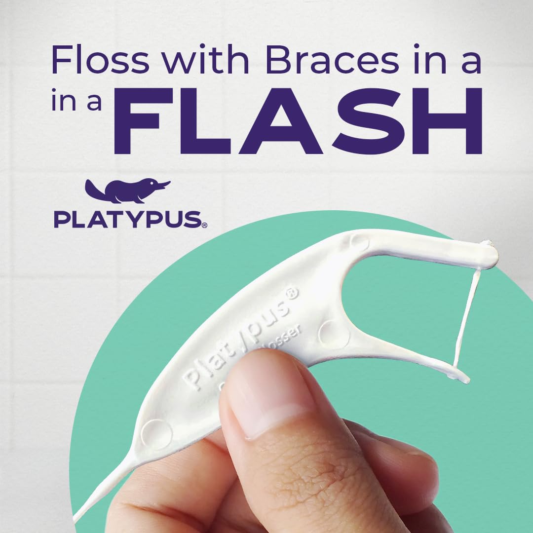 Lifestyle image of flossing braces with Platypus flossers