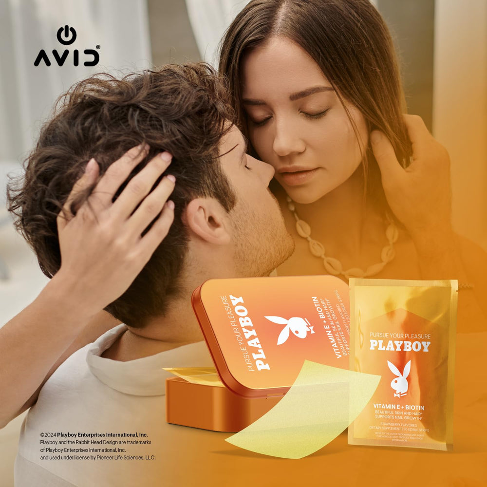 Close-up of Playboy beauty strips packaging and lifestyle imagery