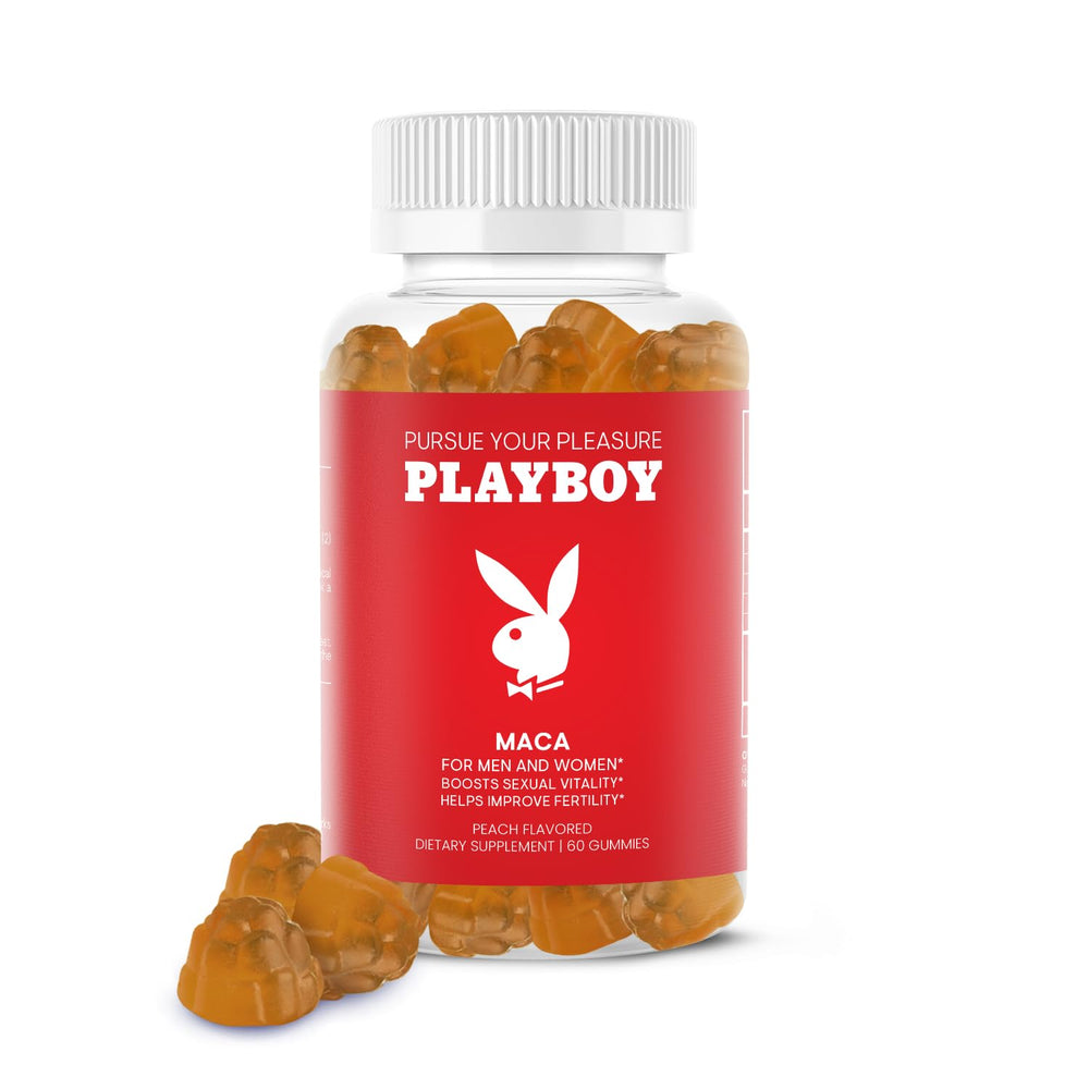 Playboy Maca Gummies bottle front label with peach flavor
