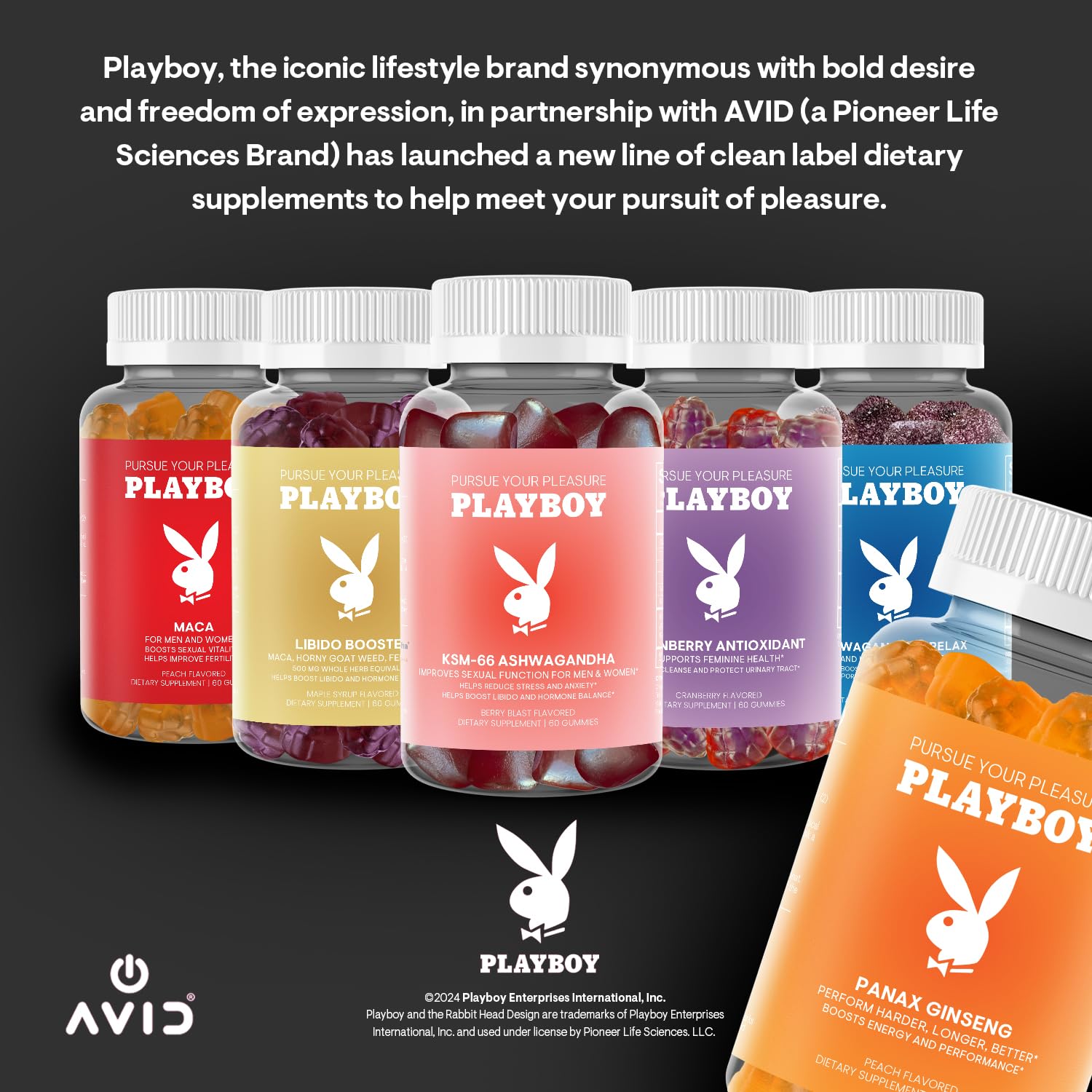 Bottle of Playboy Panax Ginseng Gummies with 60 peach-flavored gummies