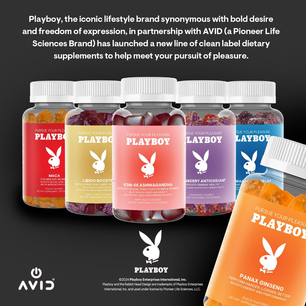 Bottle of Playboy Panax Ginseng Gummies with 60 peach-flavored gummies