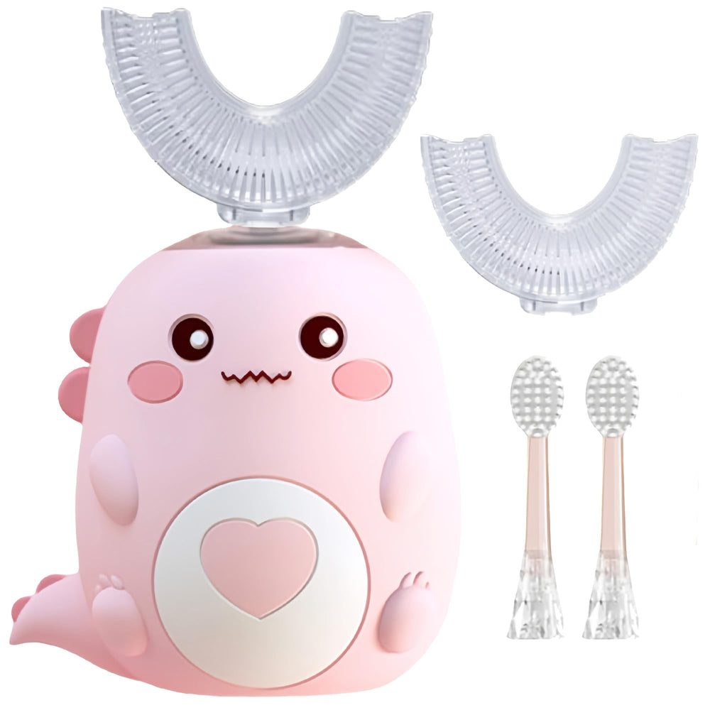 PLAYIKO kids U-shaped toothbrush hero image with cartoon dinosaur