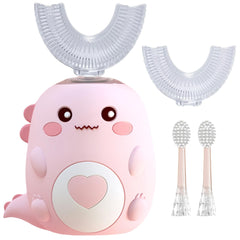 PLAYIKO kids U-shaped toothbrush hero image with cartoon dinosaur