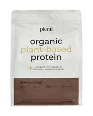 Front view of plenti Dark Chocolate Plant-Based Protein Powder package