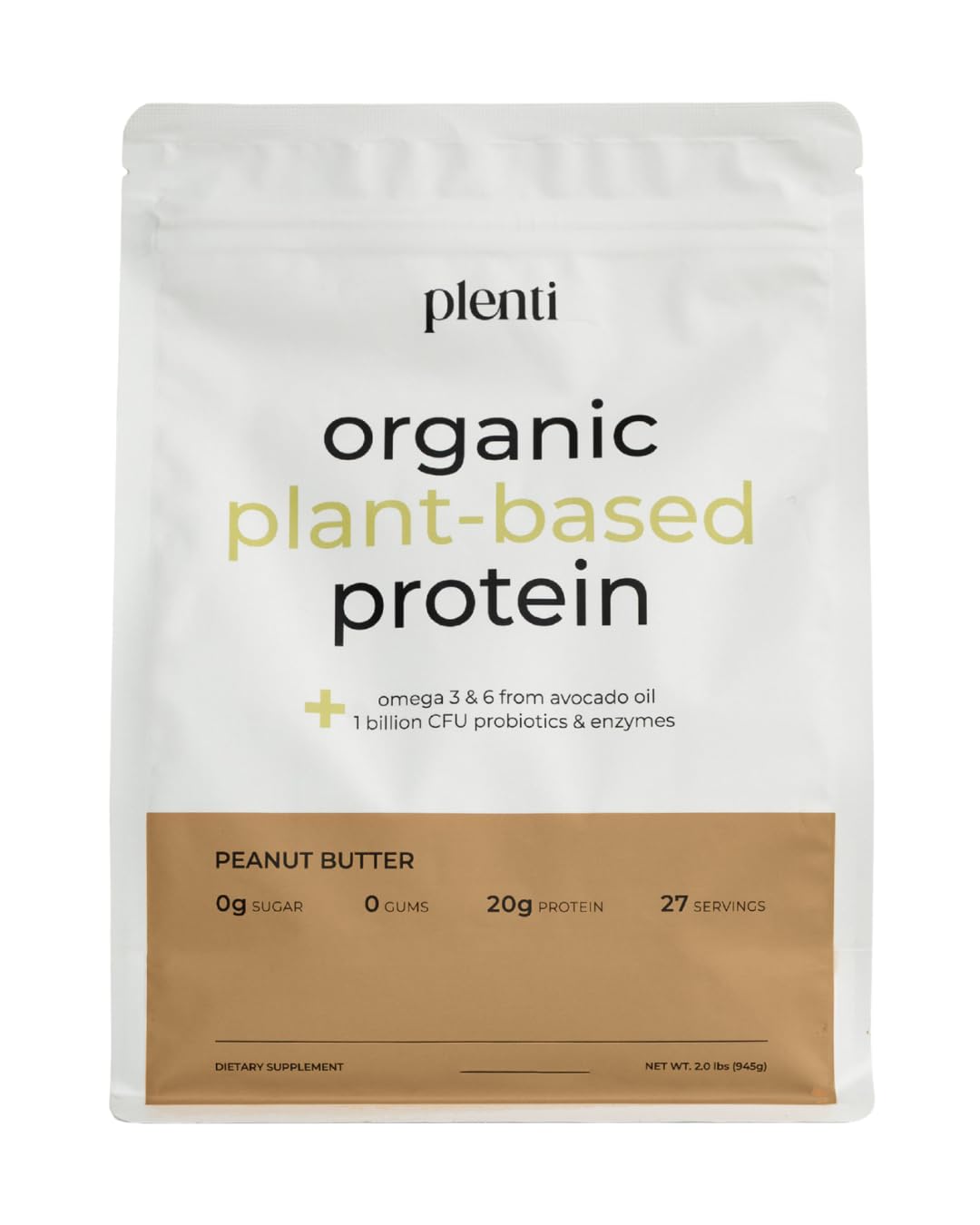 Plenti Peanut Butter flavor plant-based protein powder 2 lb container