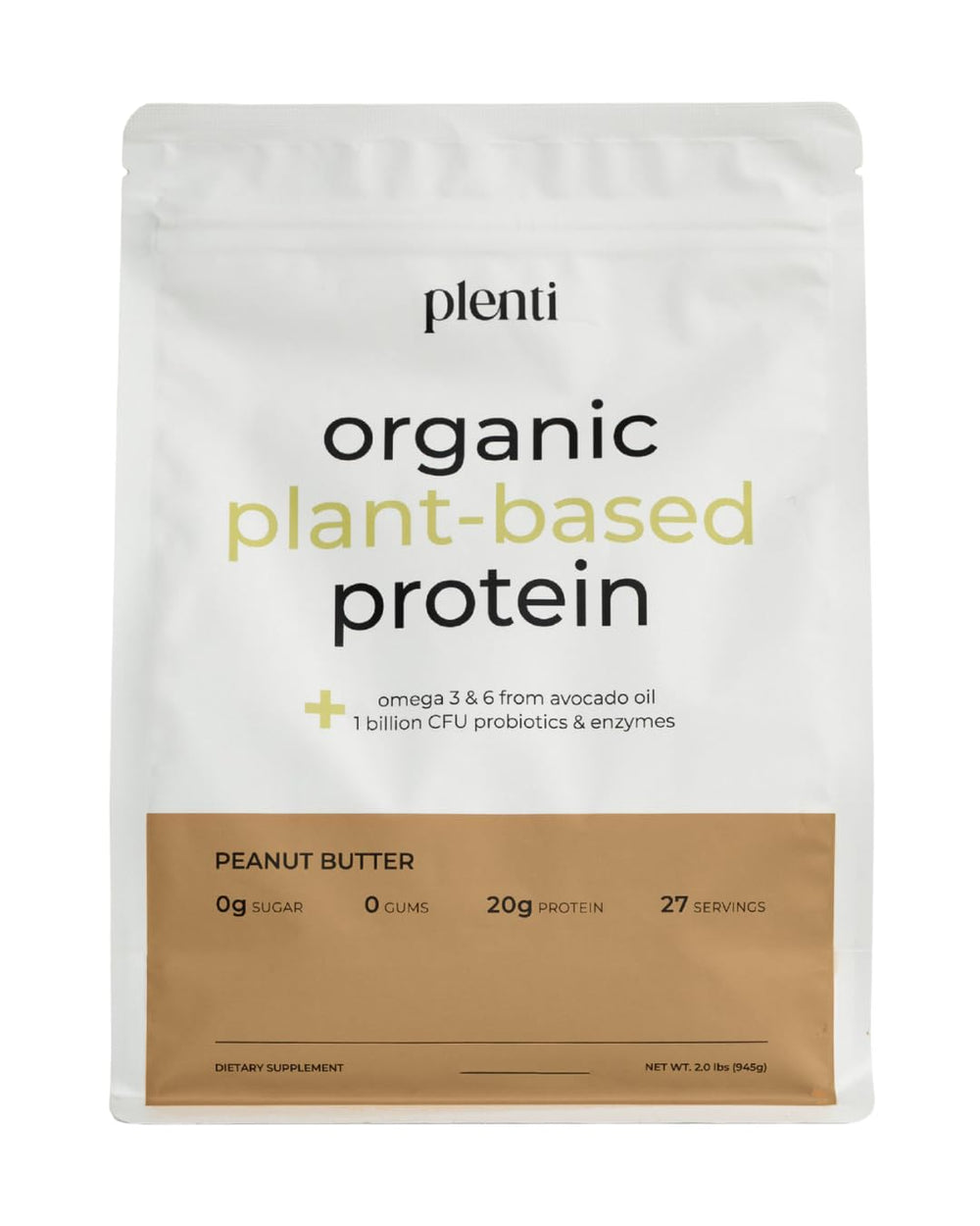 Plenti Peanut Butter flavor plant-based protein powder 2 lb container