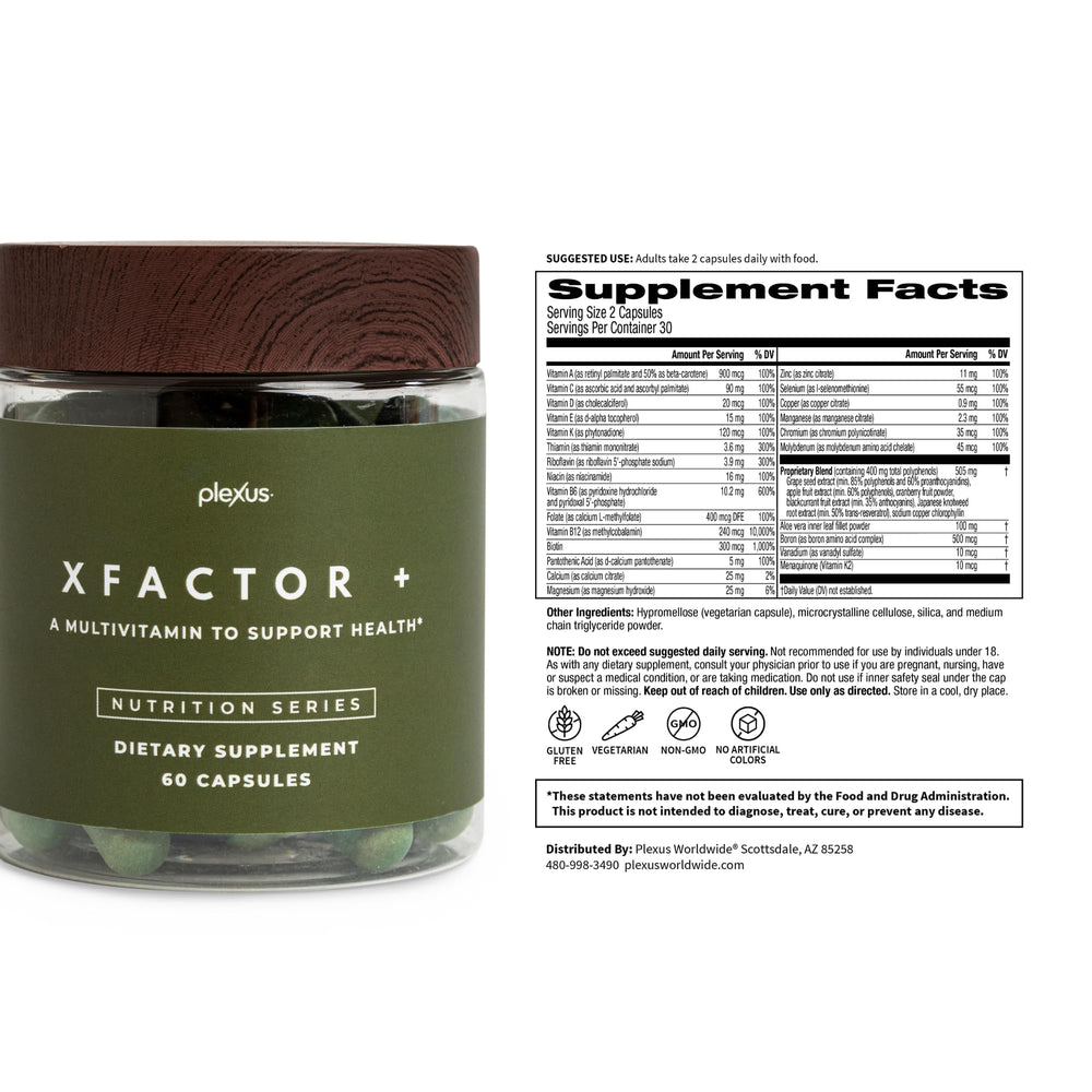 Allergen-free label and nutrition highlights for Plexus Xfactor+®