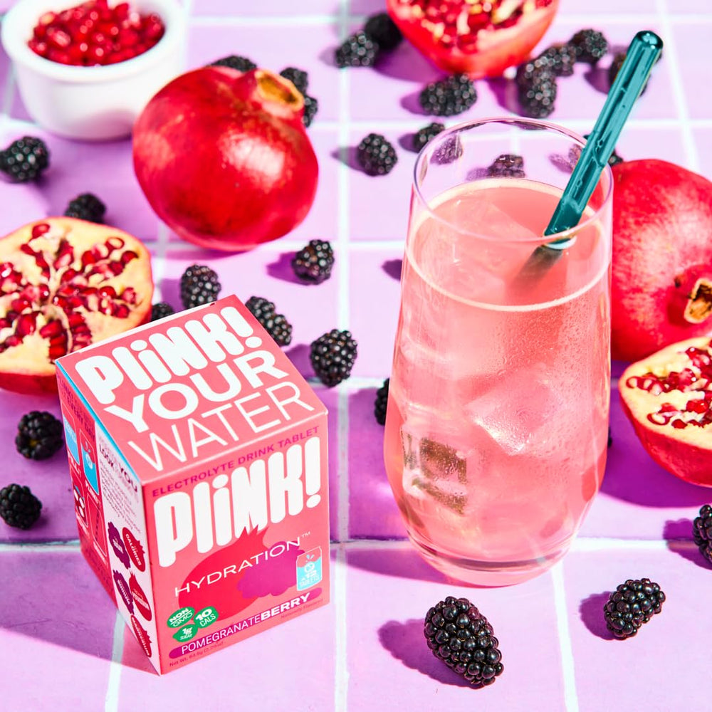 Close-up of Plink packaging highlighting low-sugar hydration.