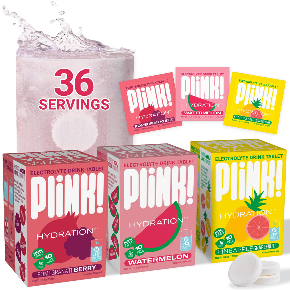 Plink fizzy electrolyte tablets tube front view for easy daily hydration.