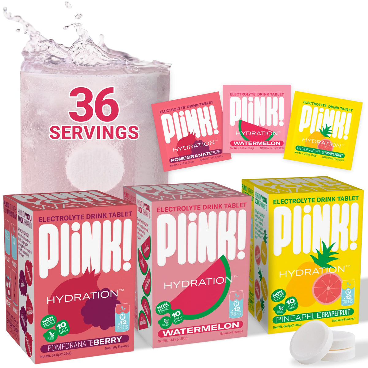 Plink fizzy electrolyte tablets tube front view for easy daily hydration.