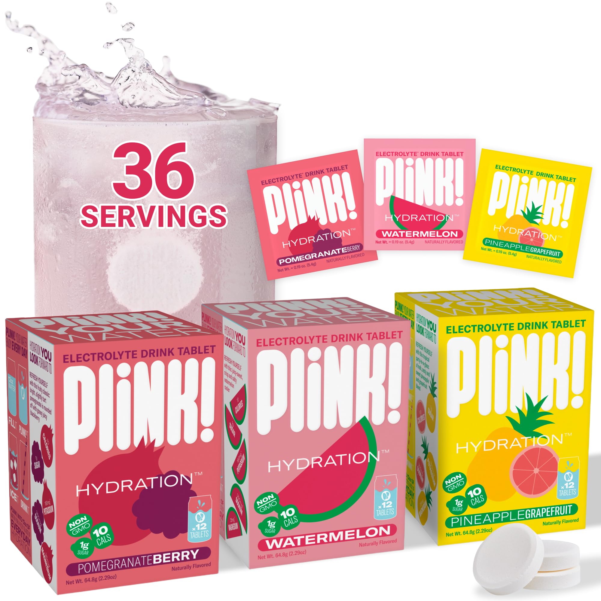 Plink fizzy electrolyte tablets tube front view for easy daily hydration.