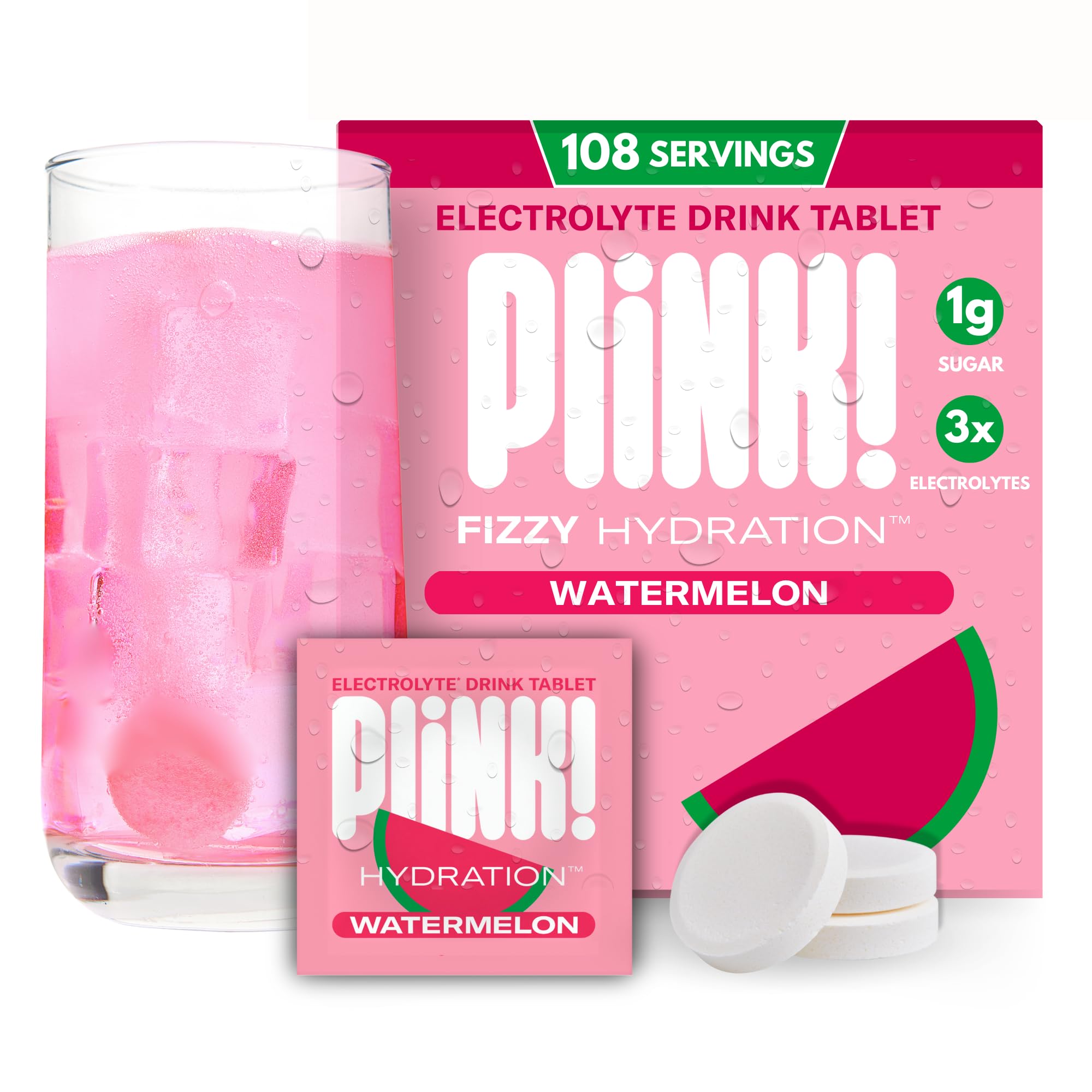 Plink Watermelon electrolyte tablets bottle supports easy daily hydration.