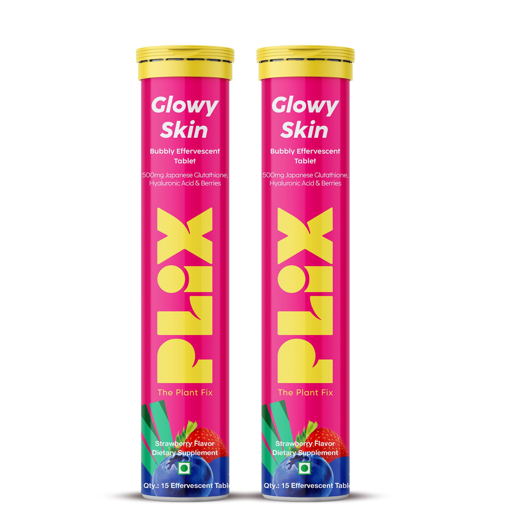 PLIX Glowy Skin bottle with Strawberry flavor packaging