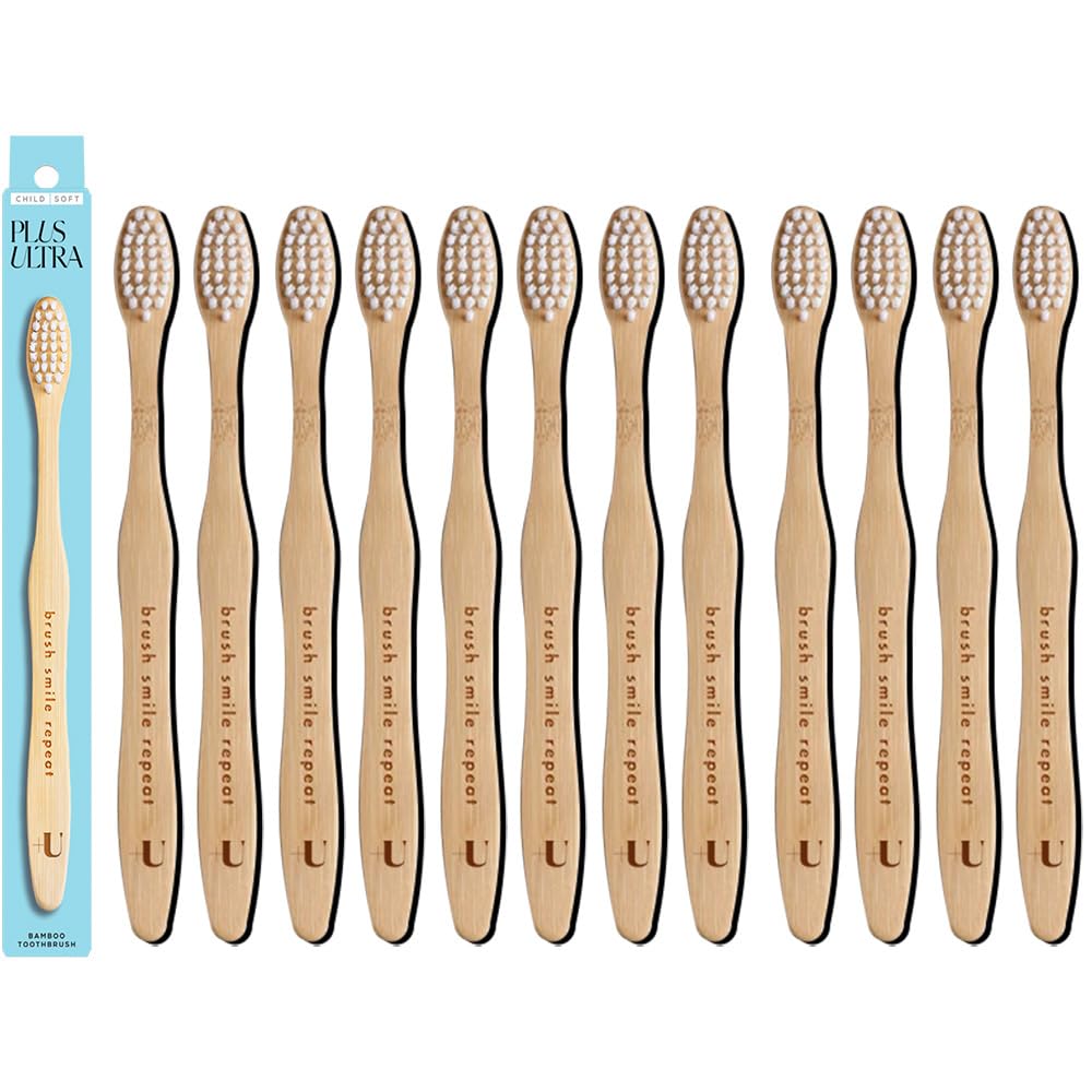 Front view of Plus Ultra Kids bamboo toothbrush 12-pack