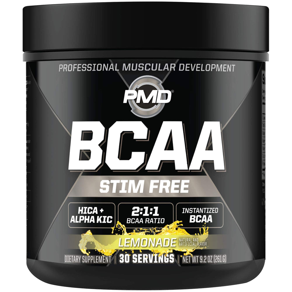 PMD BCAA Stim-Free Lemonade bottle with scoop