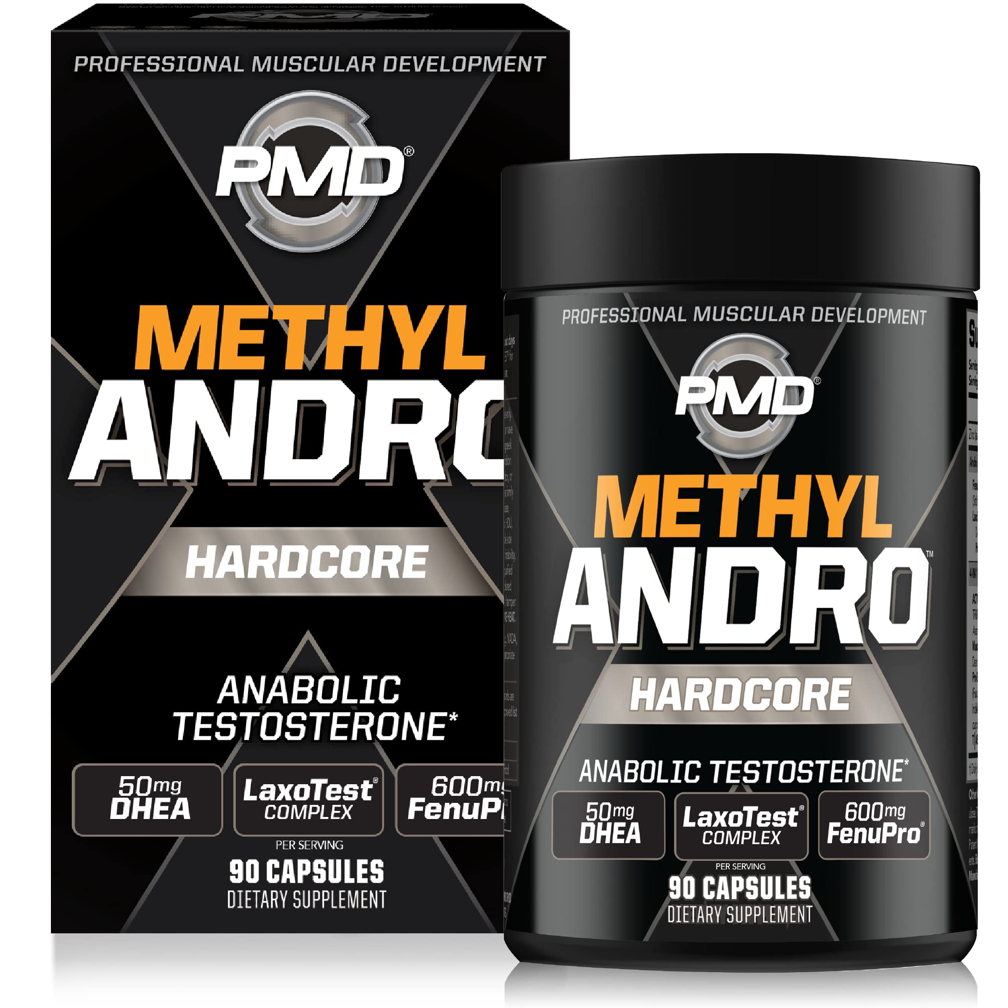 PMD Methyl Andro DHEA bottle highlights capsule formulation for energy during workouts.