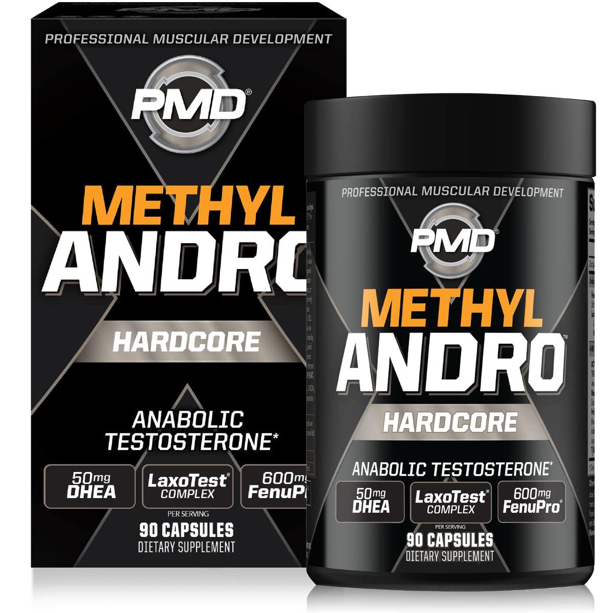 PMD Methyl Andro DHEA bottle highlights capsule formulation for energy during workouts.