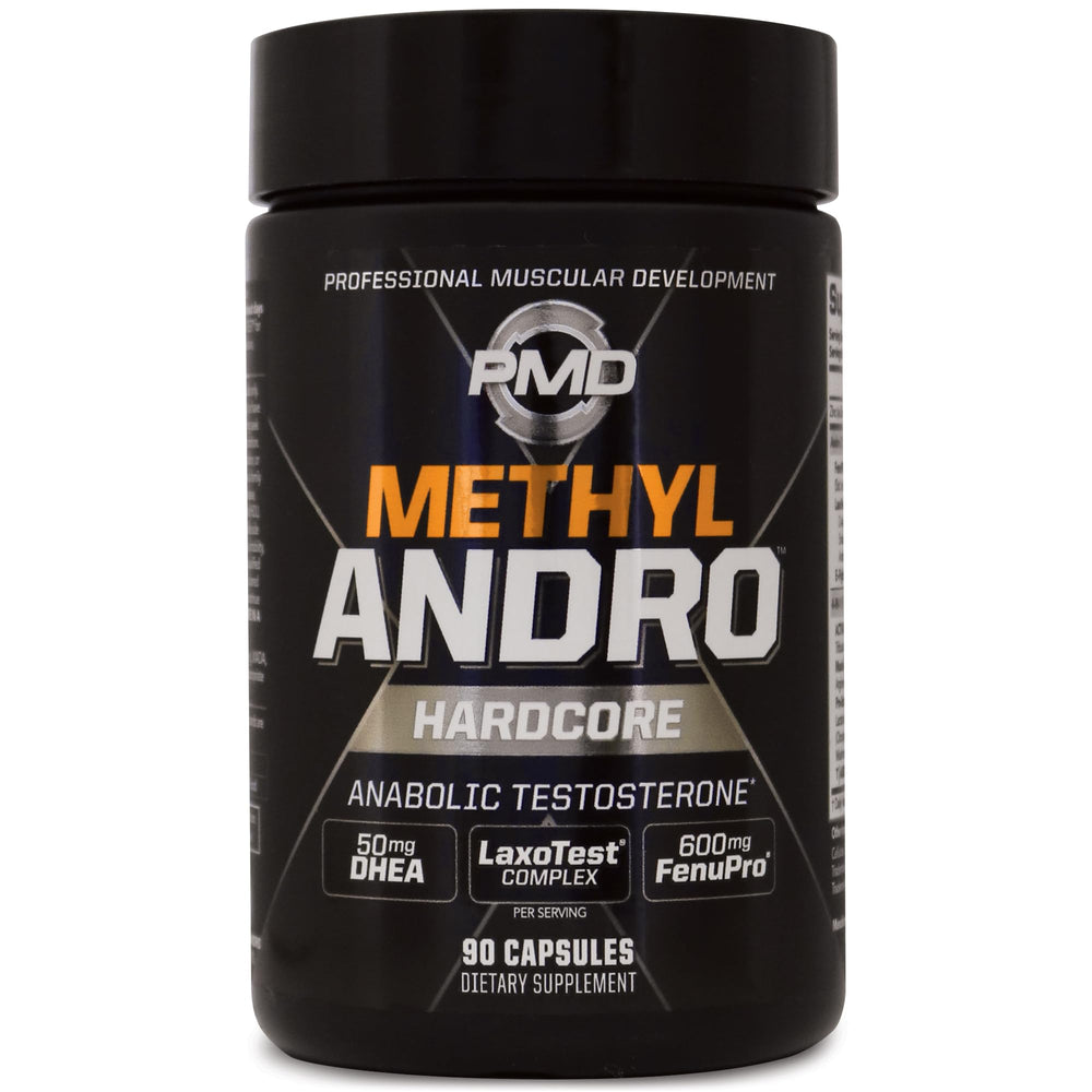 PMD Methyl Andro serving bottle shows high DHEA content for testosterone-friendly support.