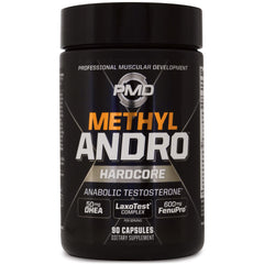 PMD Methyl Andro serving bottle shows high DHEA content for testosterone-friendly support.