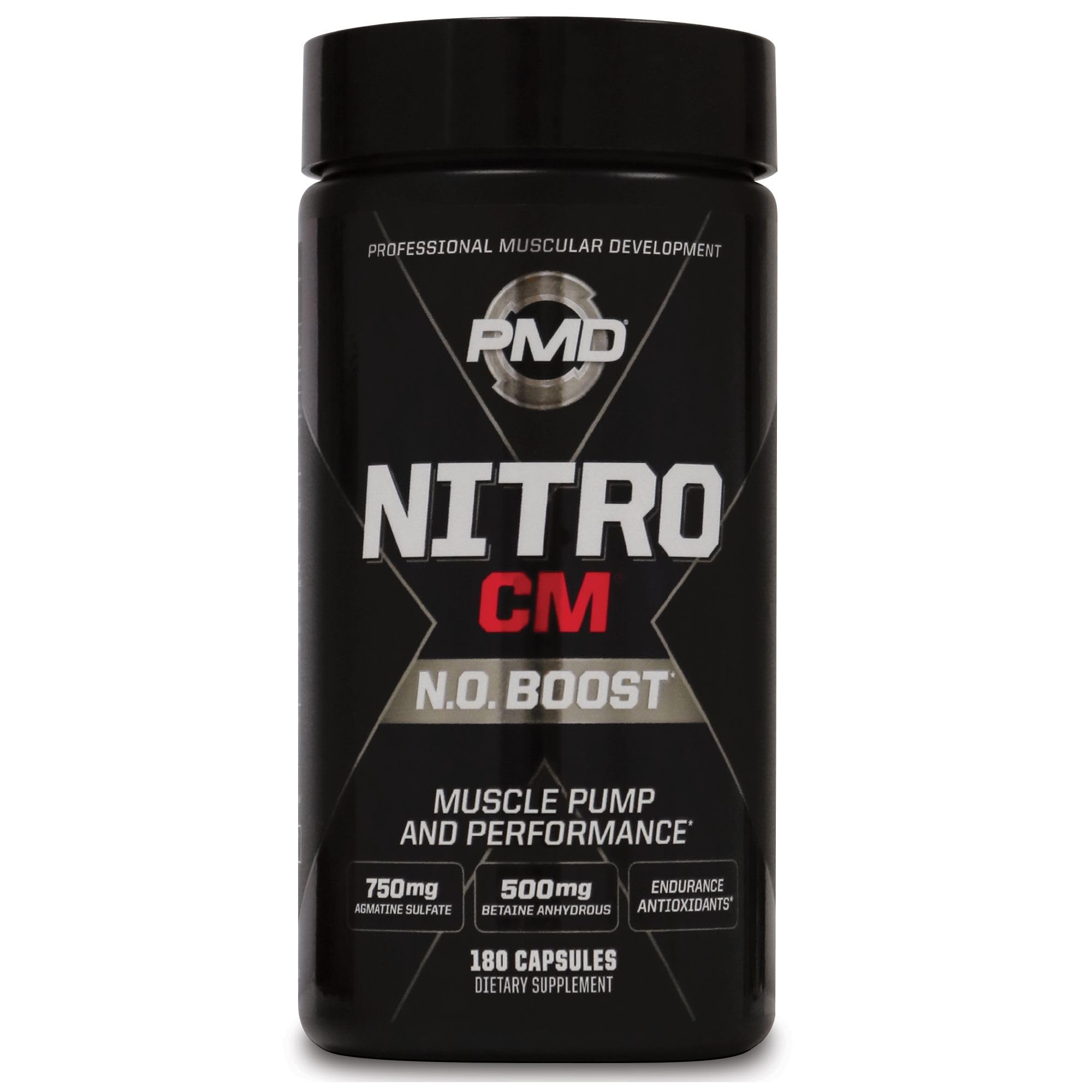 PMD Nitro CM bottle close-up for pre-workout support during training.